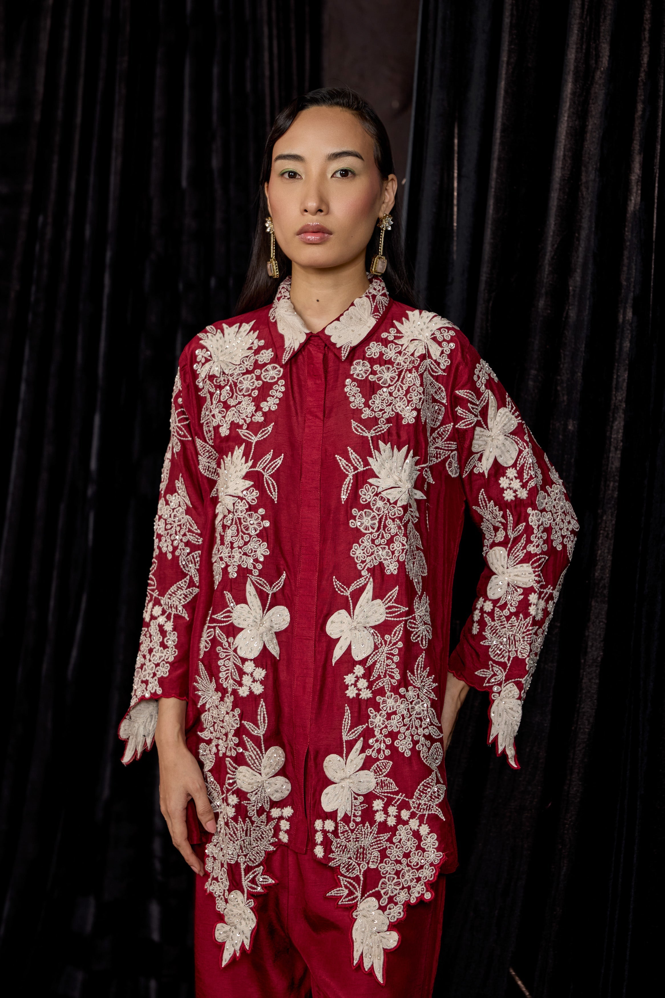 Maroon Embroidered Raw Silk Co-Ord Set