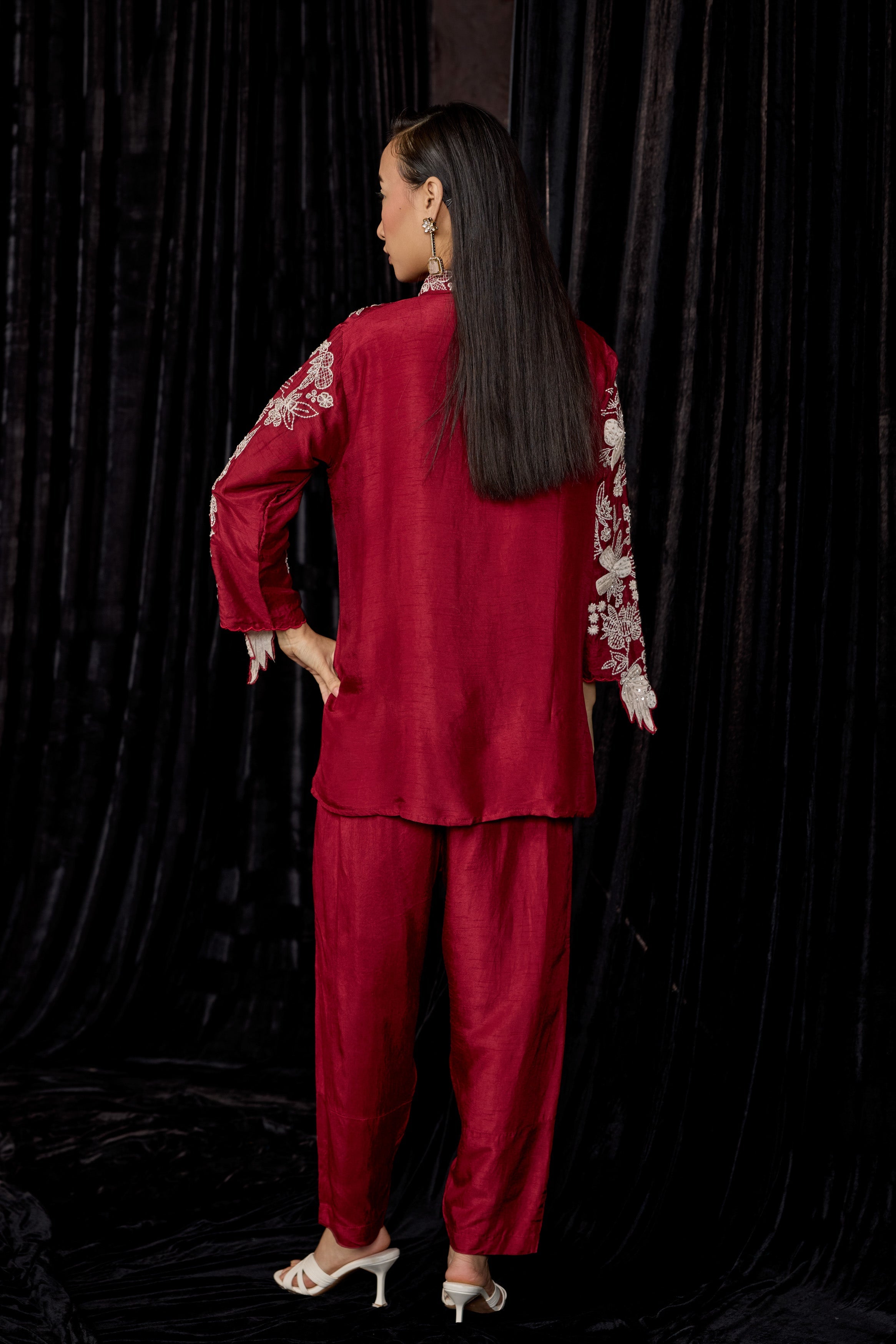 Maroon Embroidered Raw Silk Co-Ord Set