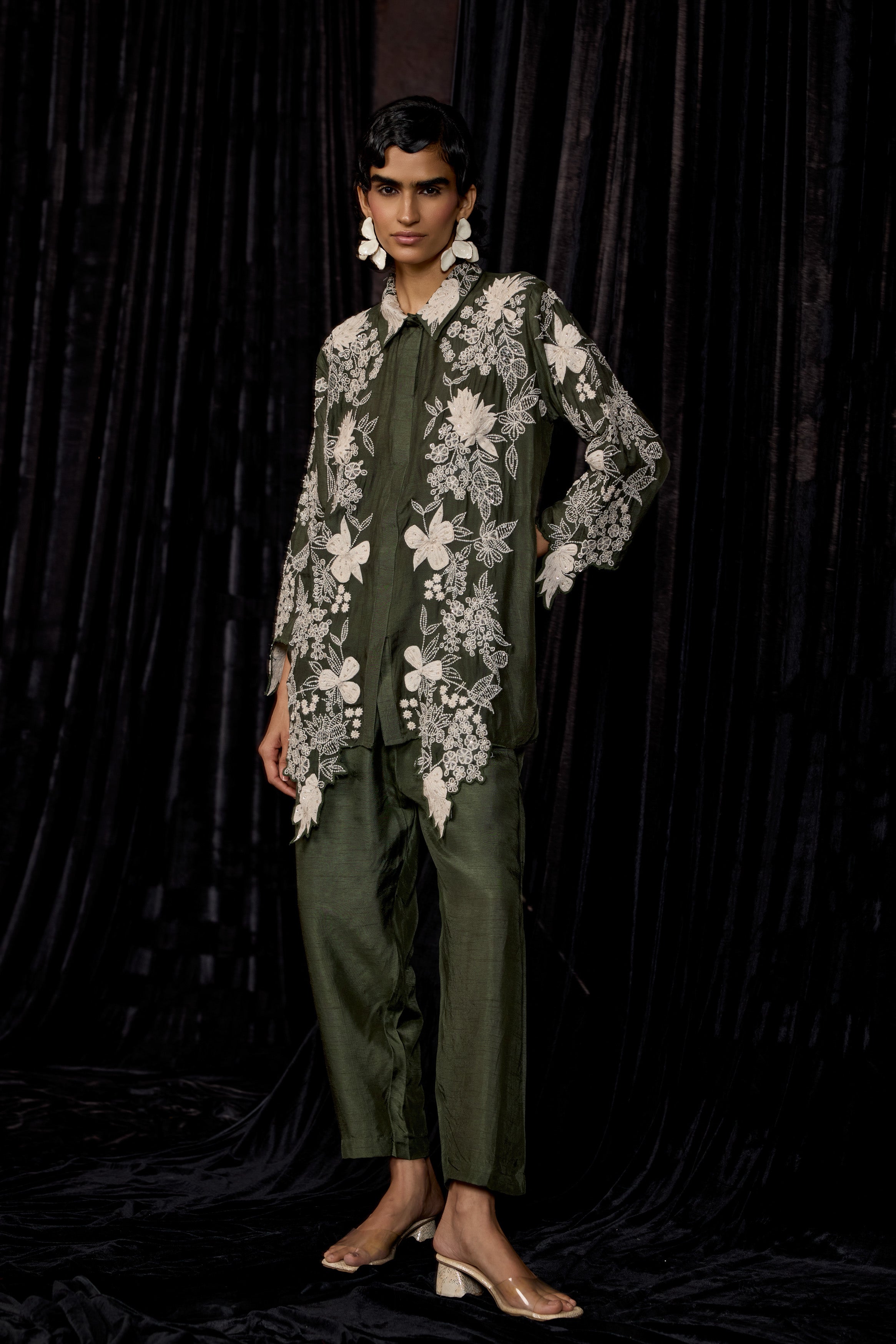 Olive Green Embroidered Raw Silk Co-Ord Set