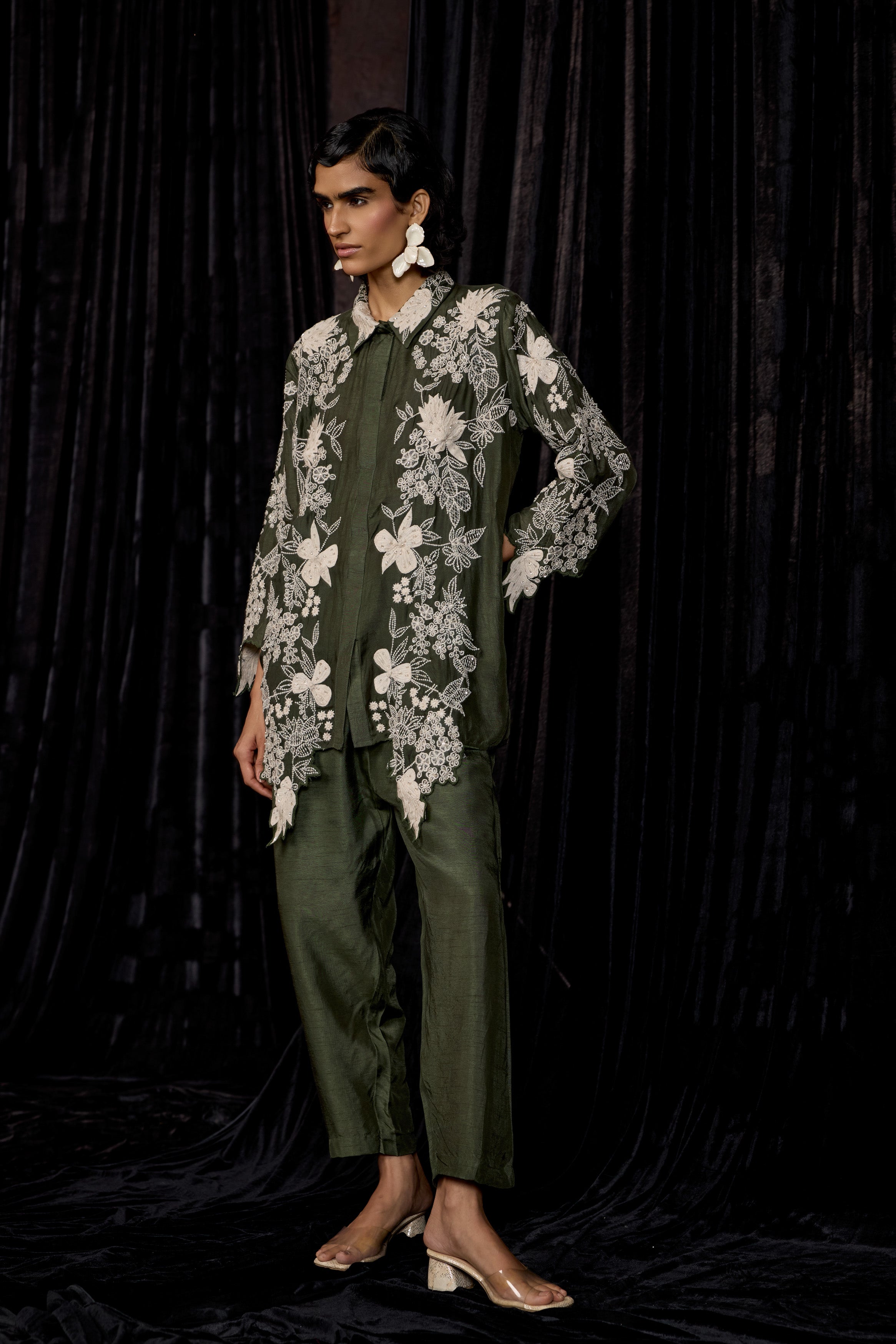Olive Green Embroidered Raw Silk Co-Ord Set