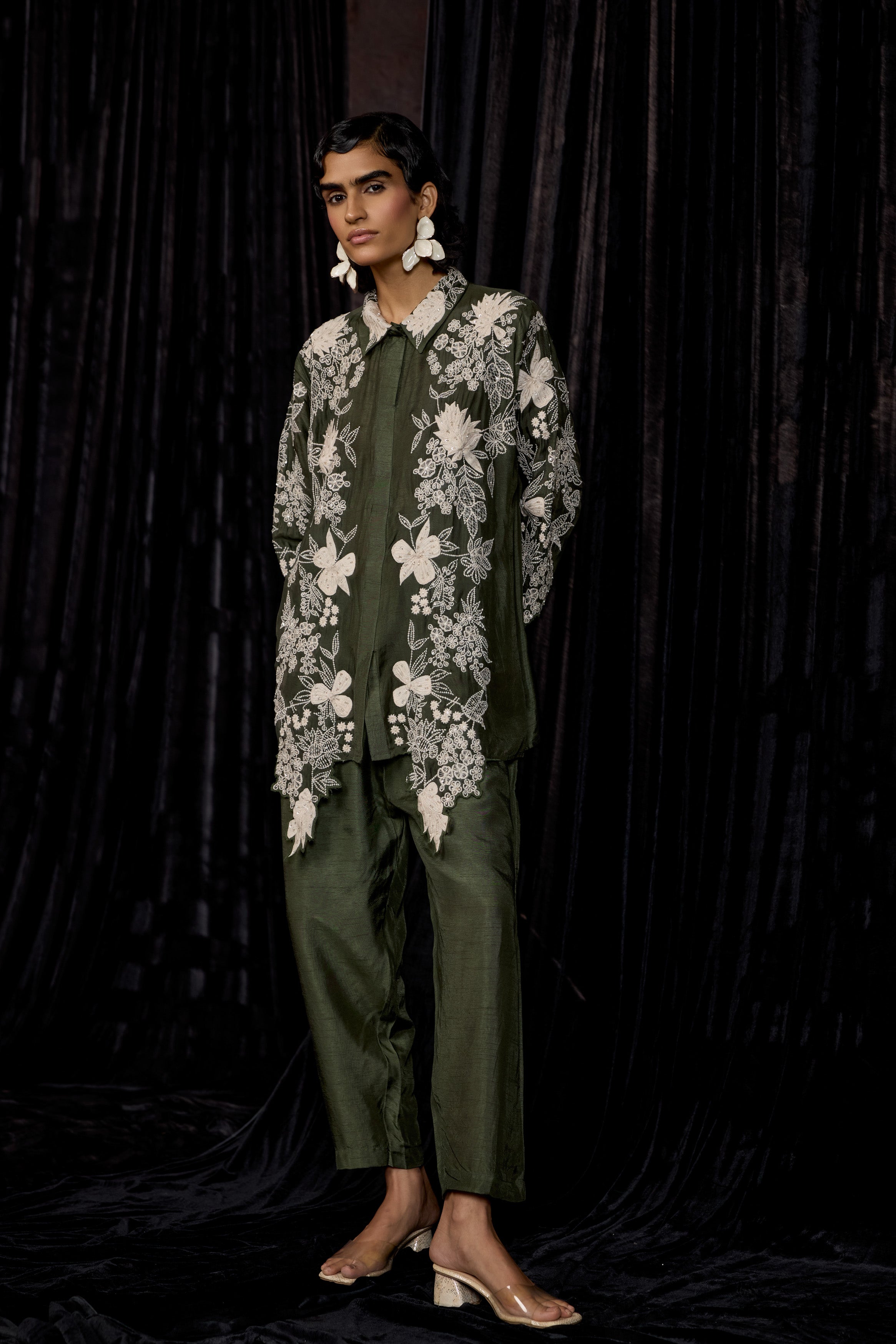 Olive Green Embroidered Raw Silk Co-Ord Set