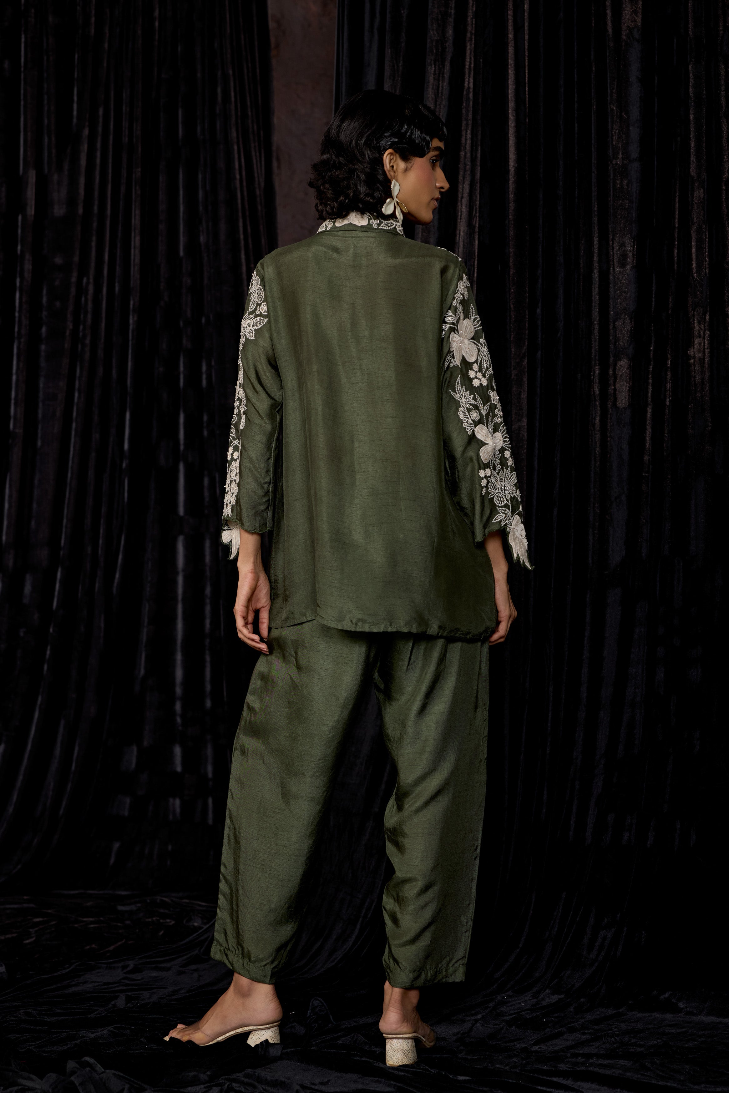 Olive Green Embroidered Raw Silk Co-Ord Set