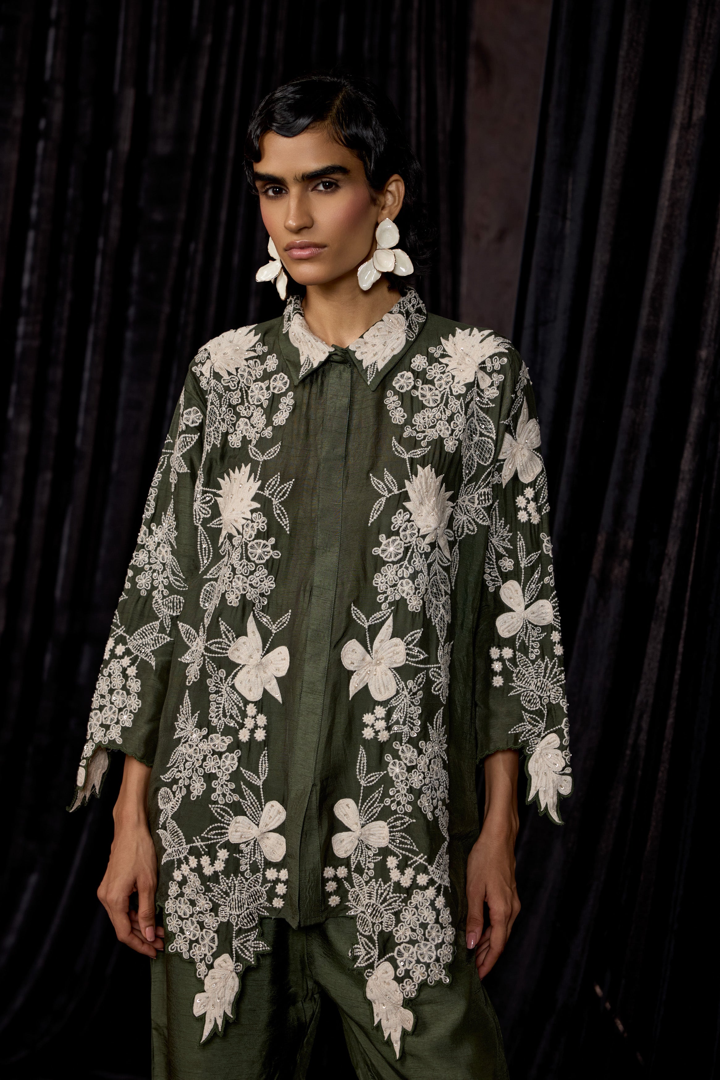 Olive Green Embroidered Raw Silk Co-Ord Set