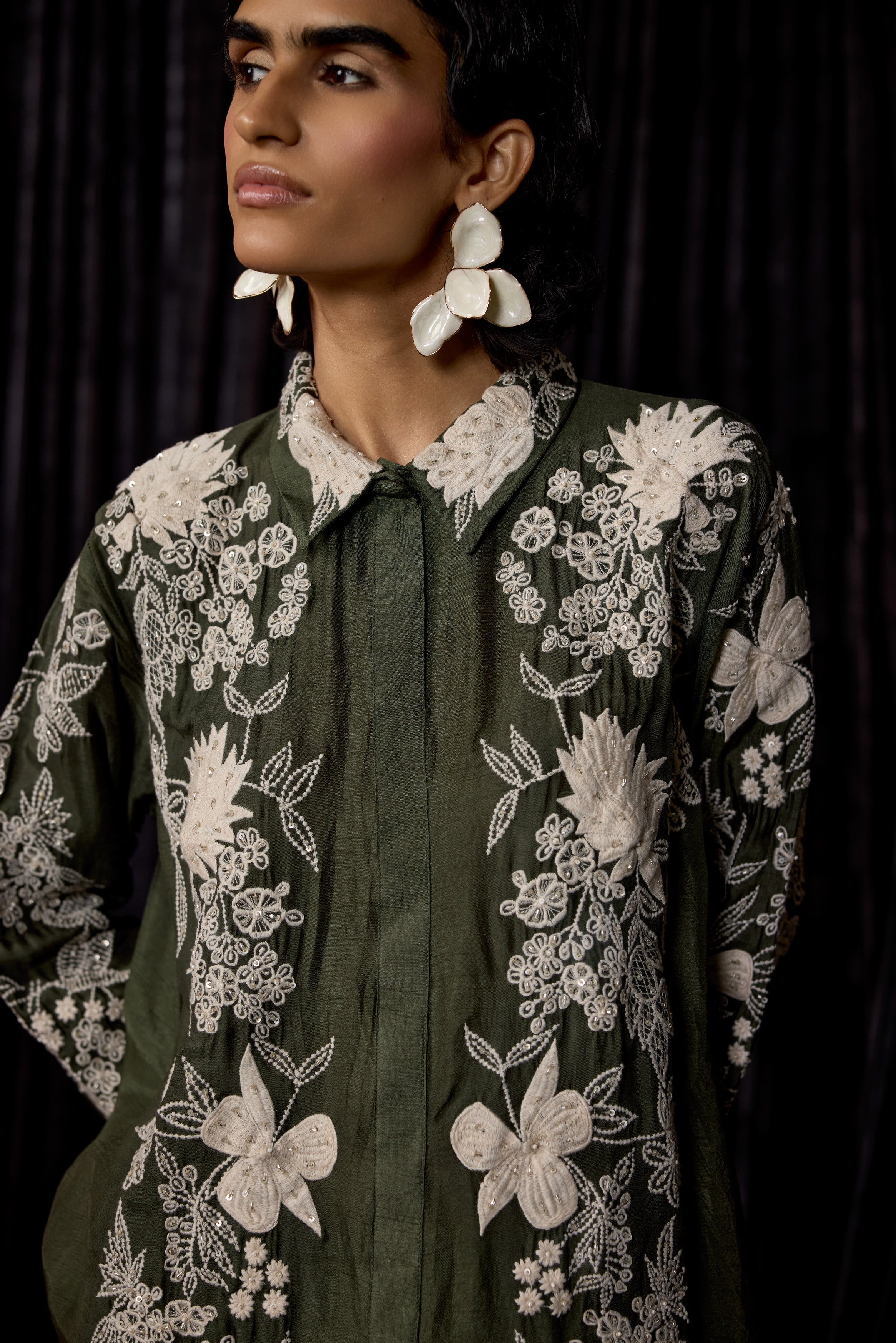 Olive Green Embroidered Raw Silk Co-Ord Set