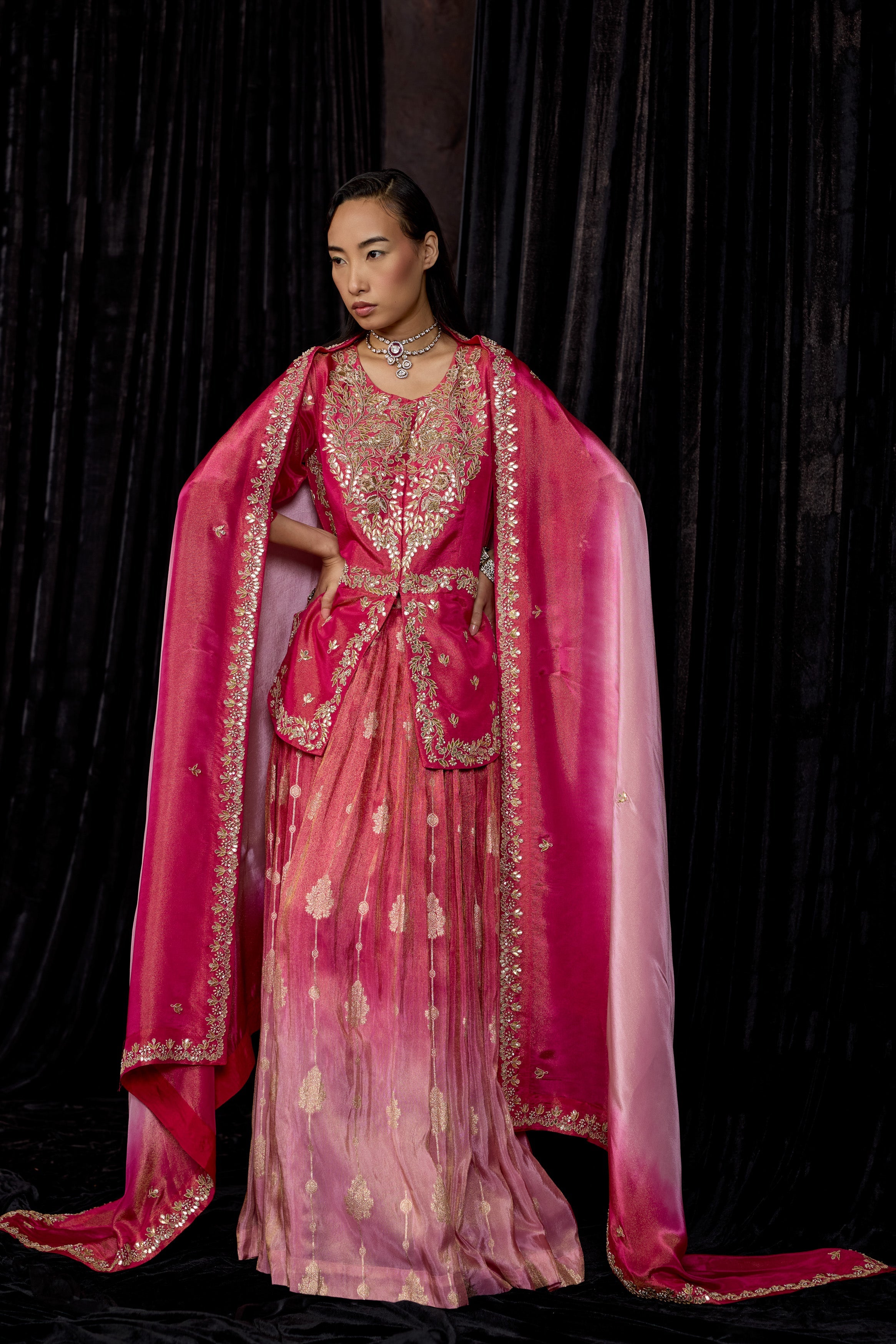 Magenta Pink Embellished Shimmer Tissue Silk Skirt Set