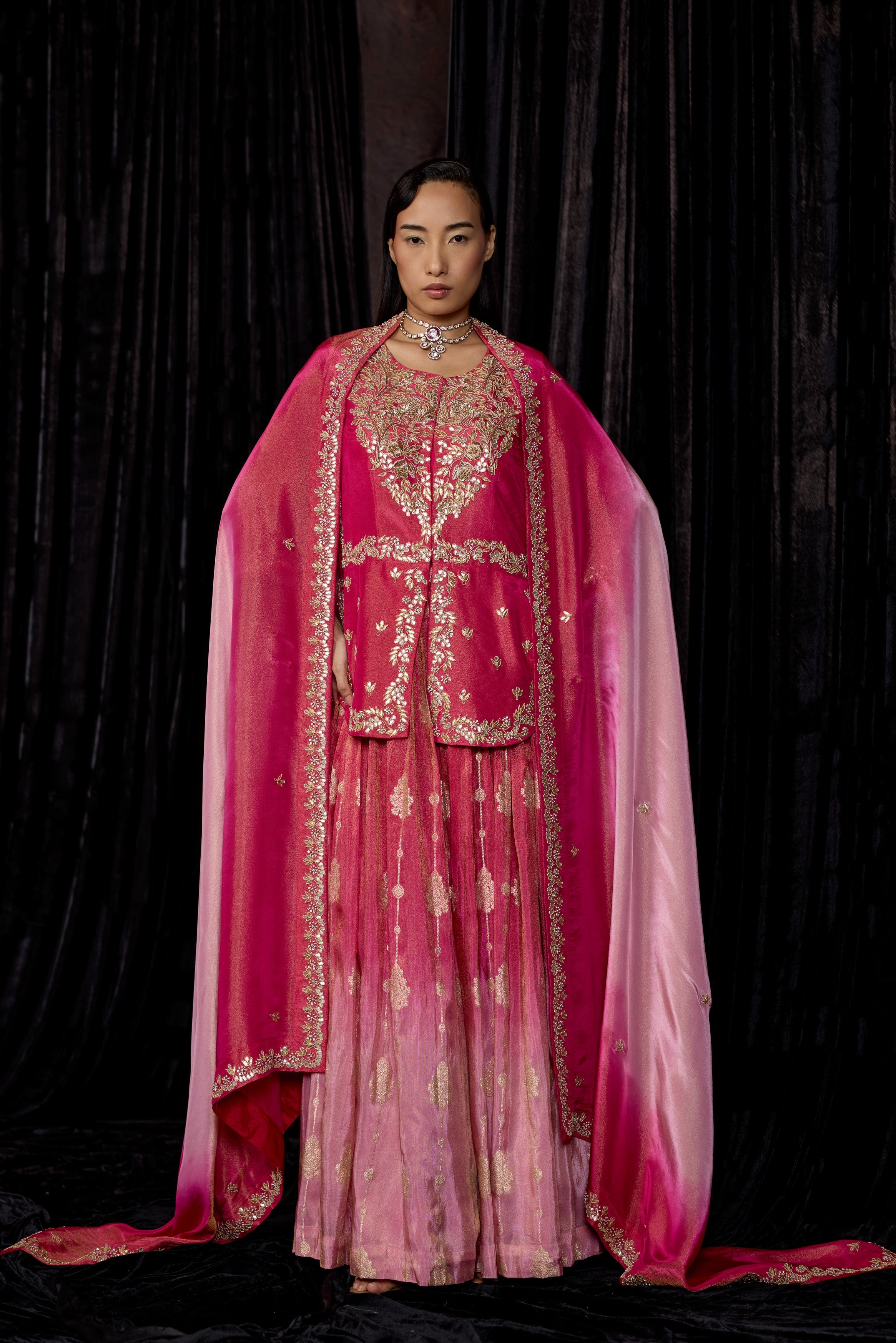 Magenta Pink Embellished Shimmer Tissue Silk Skirt Set