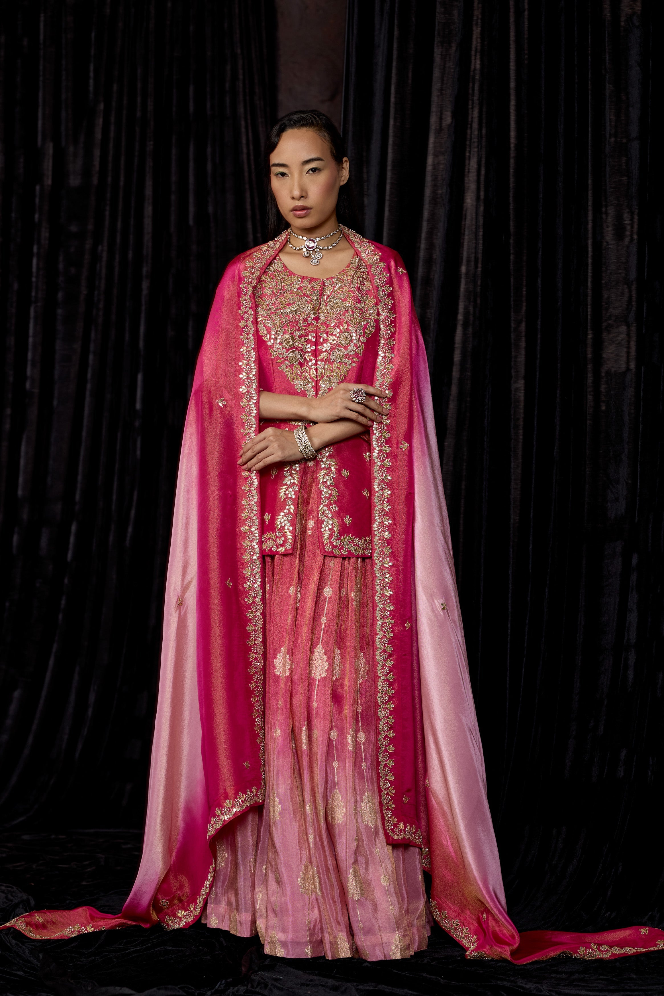 Magenta Pink Embellished Shimmer Tissue Silk Skirt Set