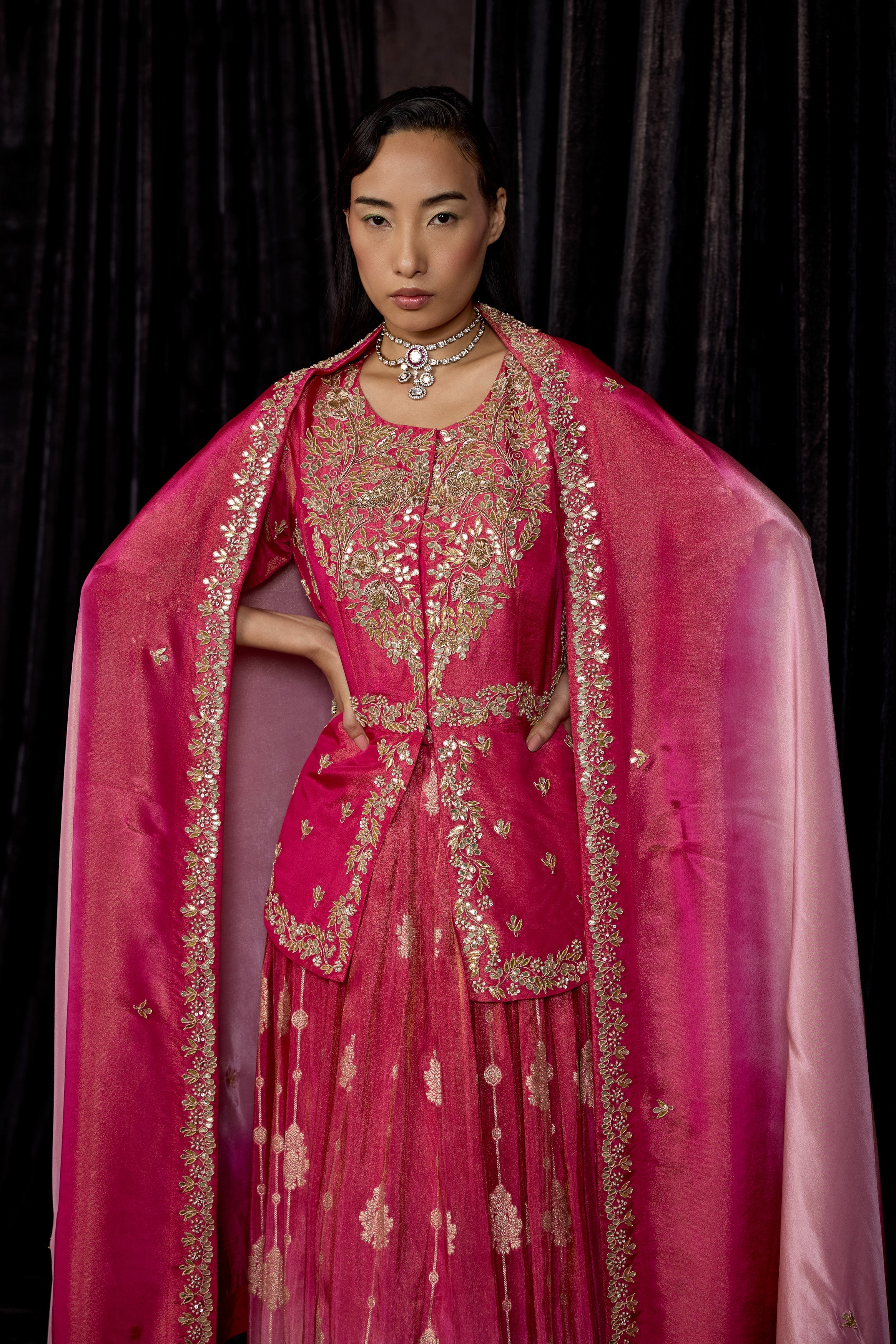 Magenta Pink Embellished Shimmer Tissue Silk Skirt Set