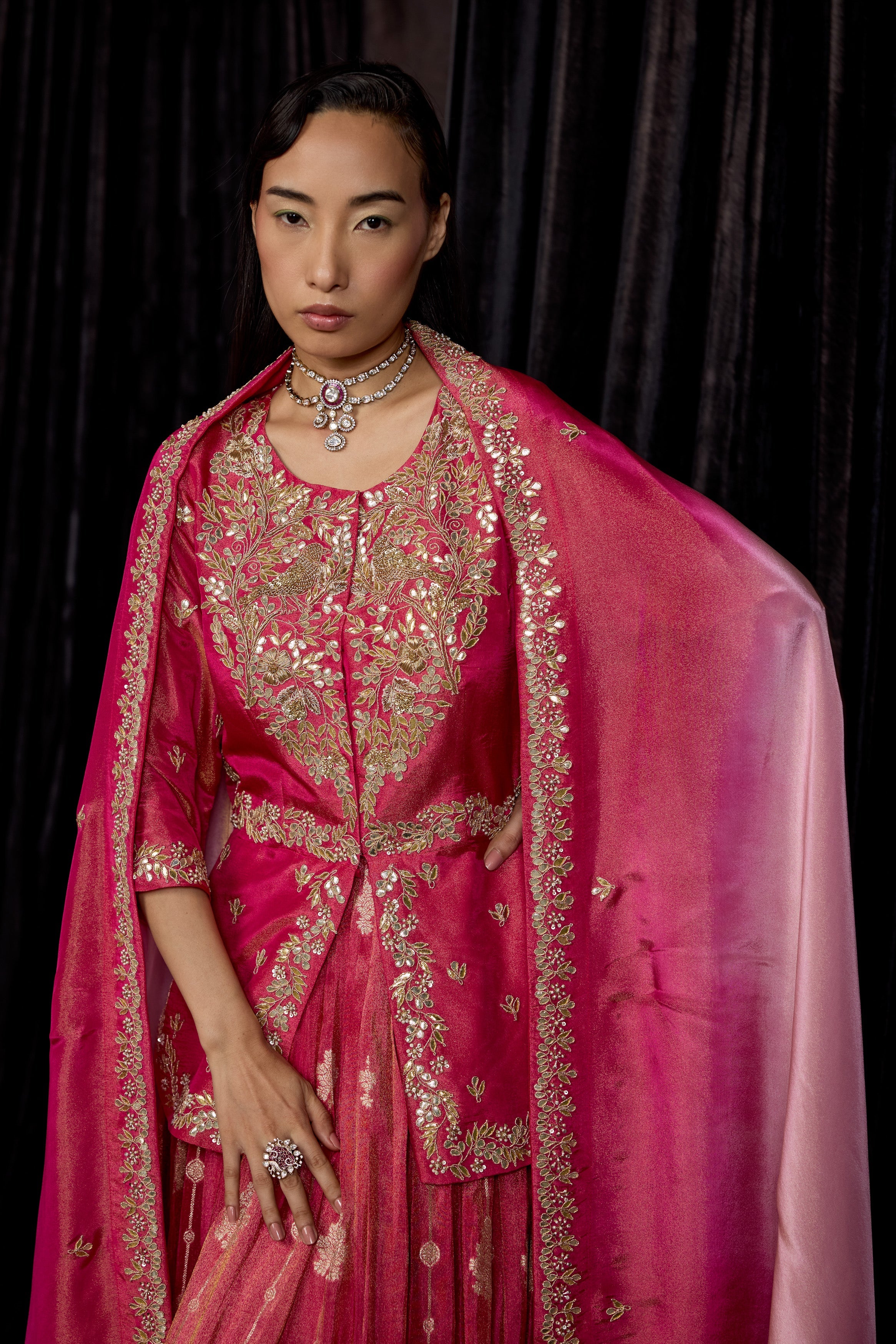 Magenta Pink Embellished Shimmer Tissue Silk Skirt Set