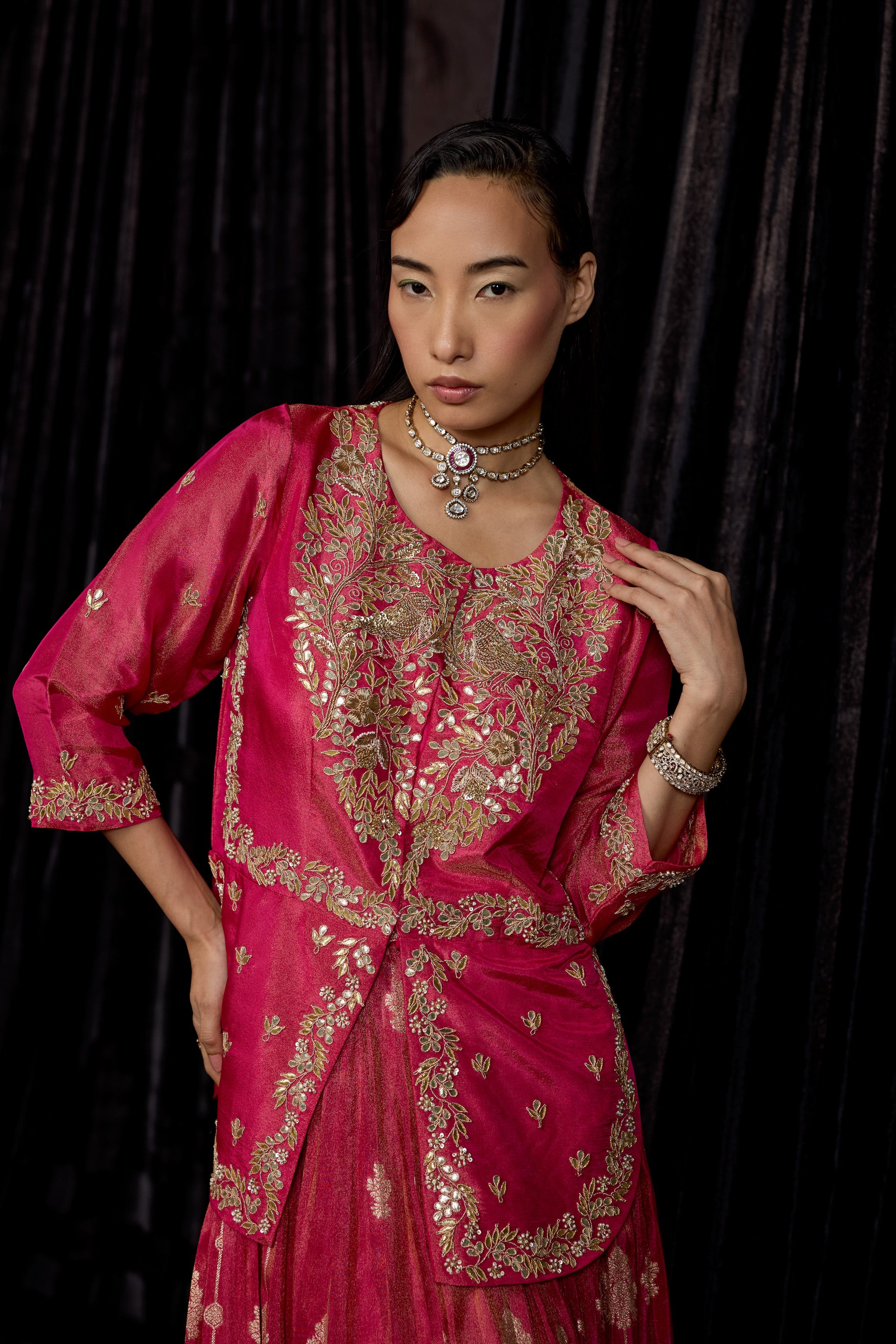 Magenta Pink Embellished Shimmer Tissue Silk Skirt Set