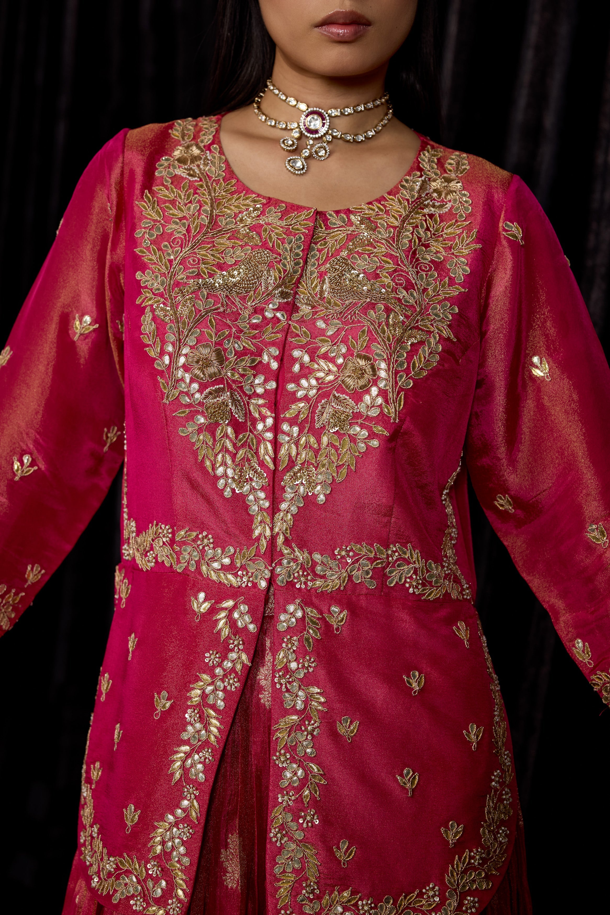 Magenta Pink Embellished Shimmer Tissue Silk Skirt Set