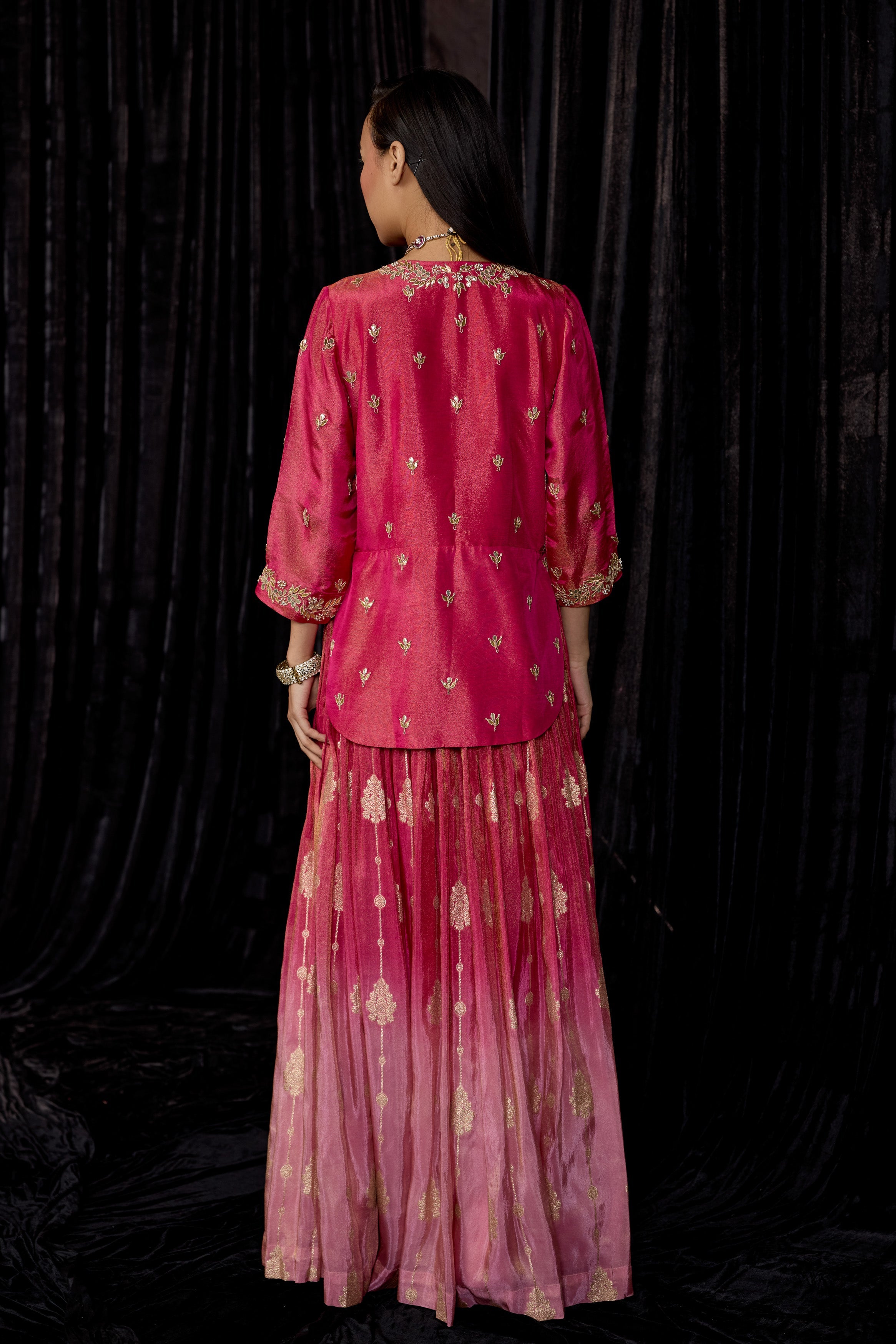 Magenta Pink Embellished Shimmer Tissue Silk Skirt Set