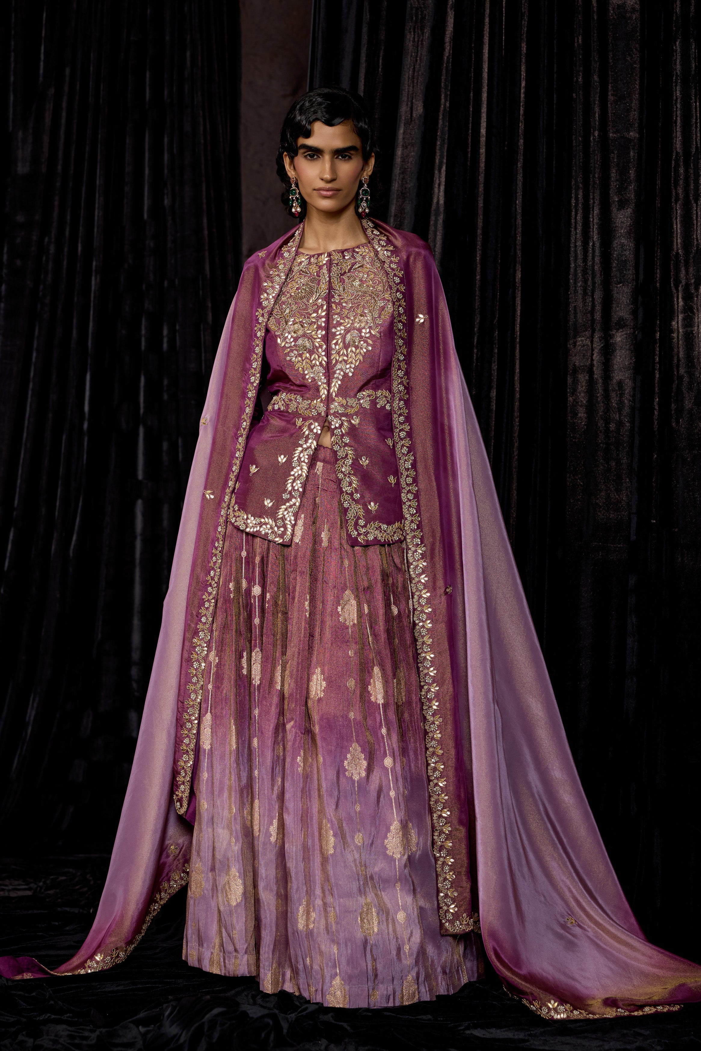 Plum Purple Embellished Shimmer Tissue Silk Skirt Set