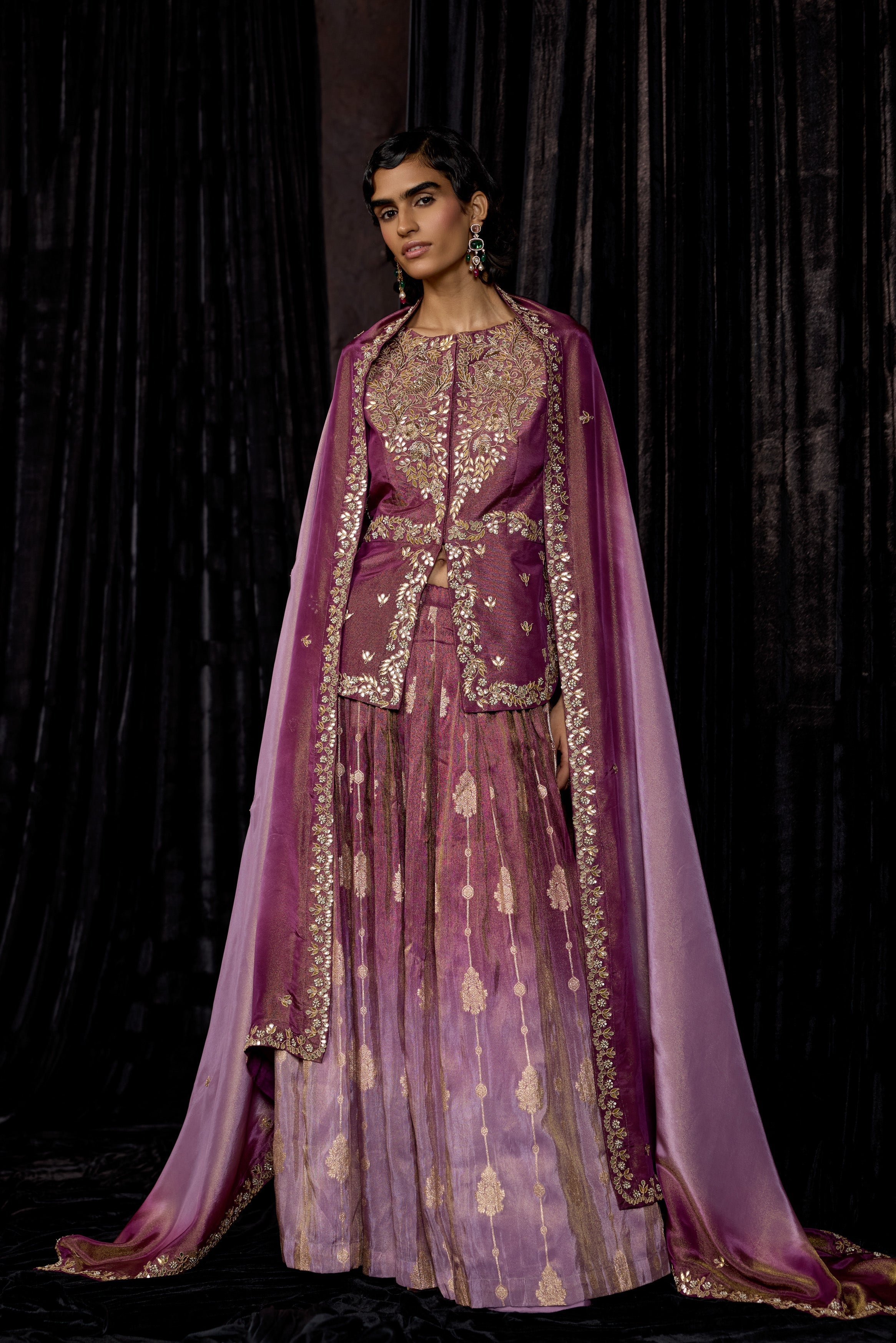 Plum Purple Embellished Shimmer Tissue Silk Skirt Set