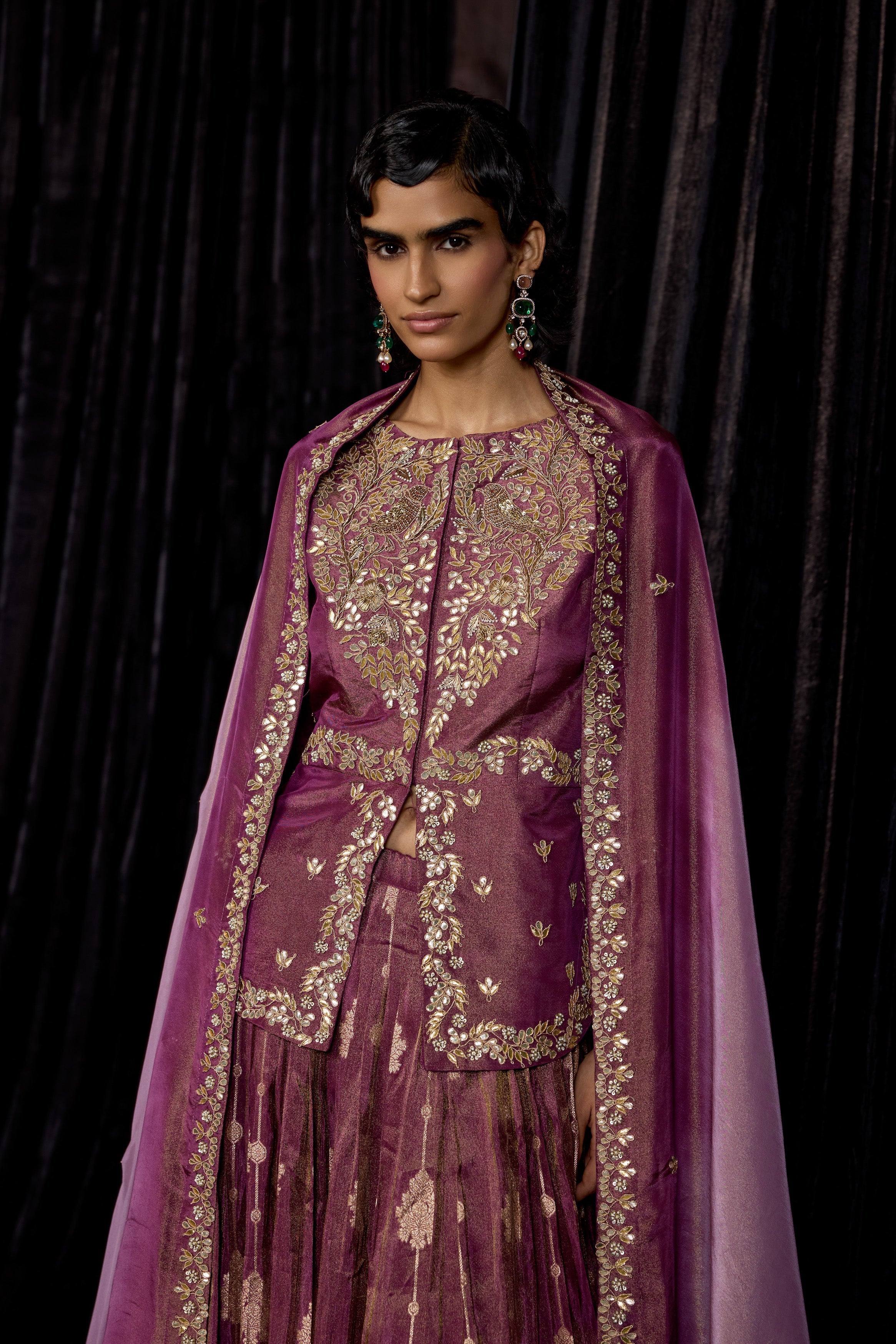 Plum Purple Embellished Shimmer Tissue Silk Skirt Set