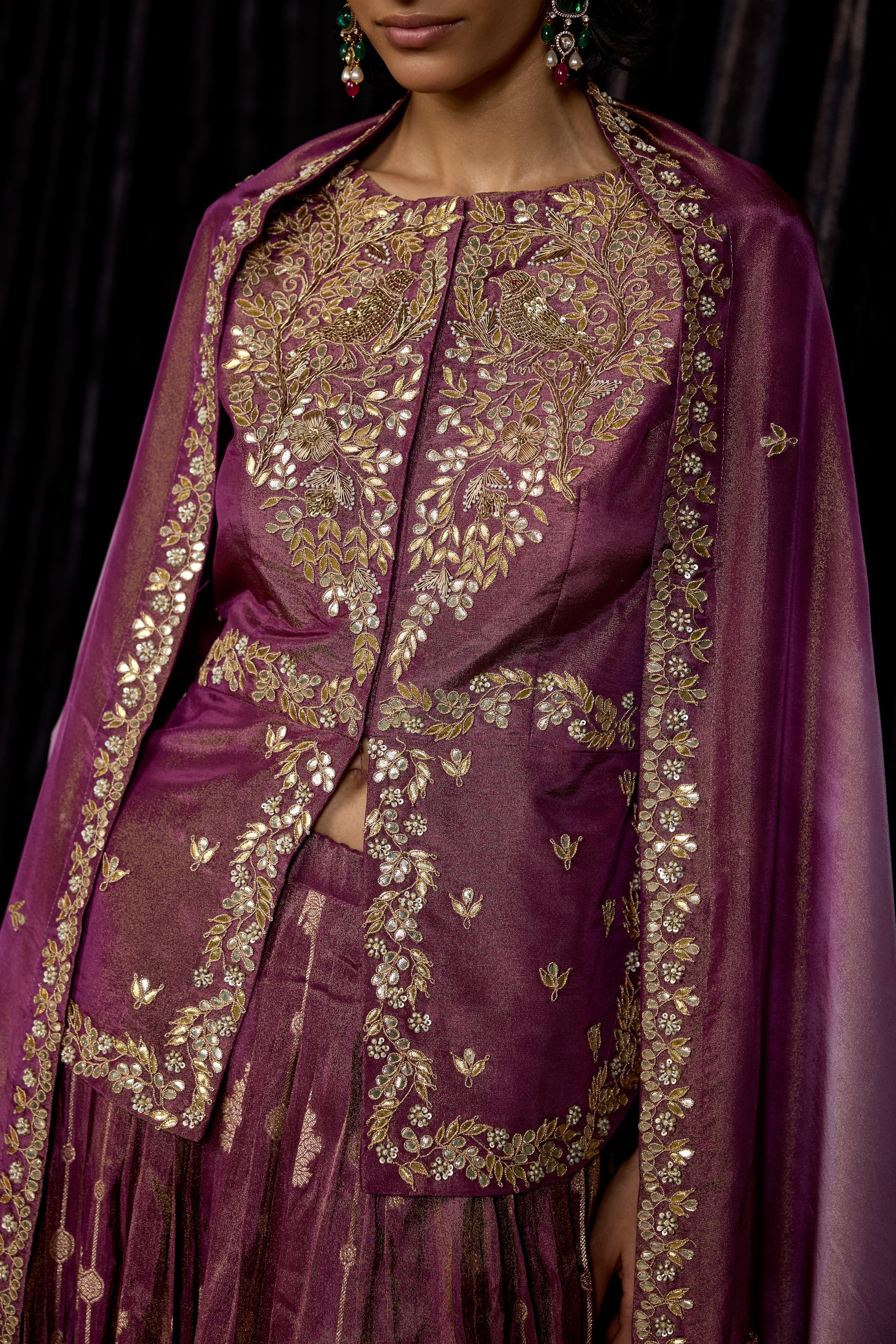 Plum Purple Embellished Shimmer Tissue Silk Skirt Set