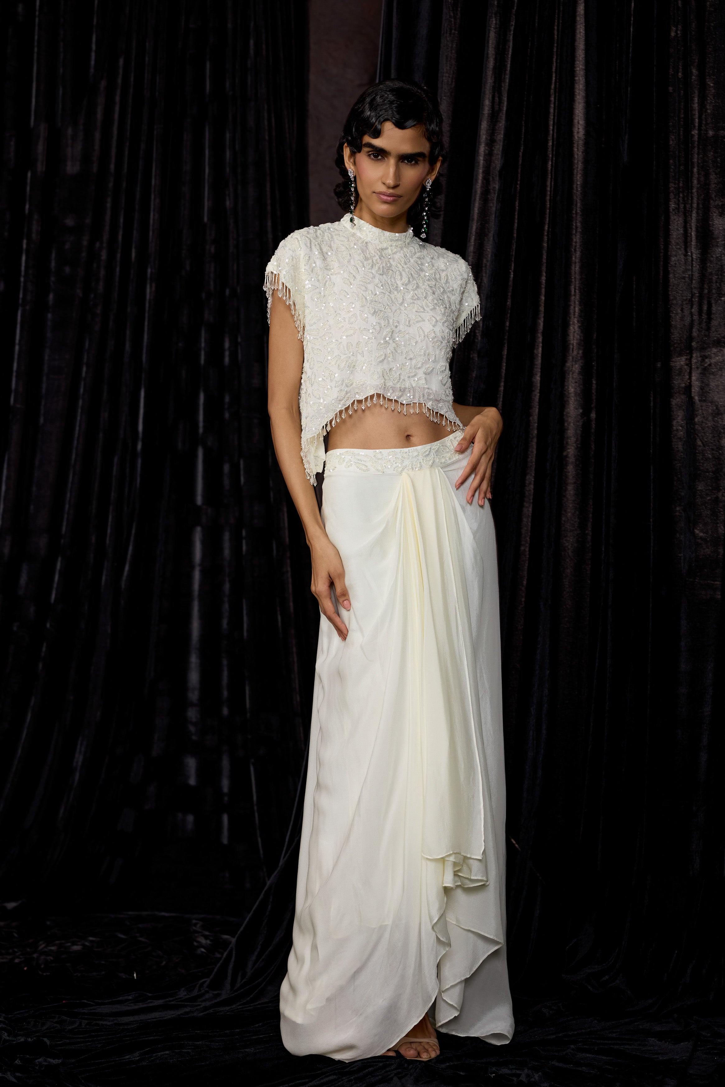 Cream White Embellished Chinon Silk Drape Skirt Set
