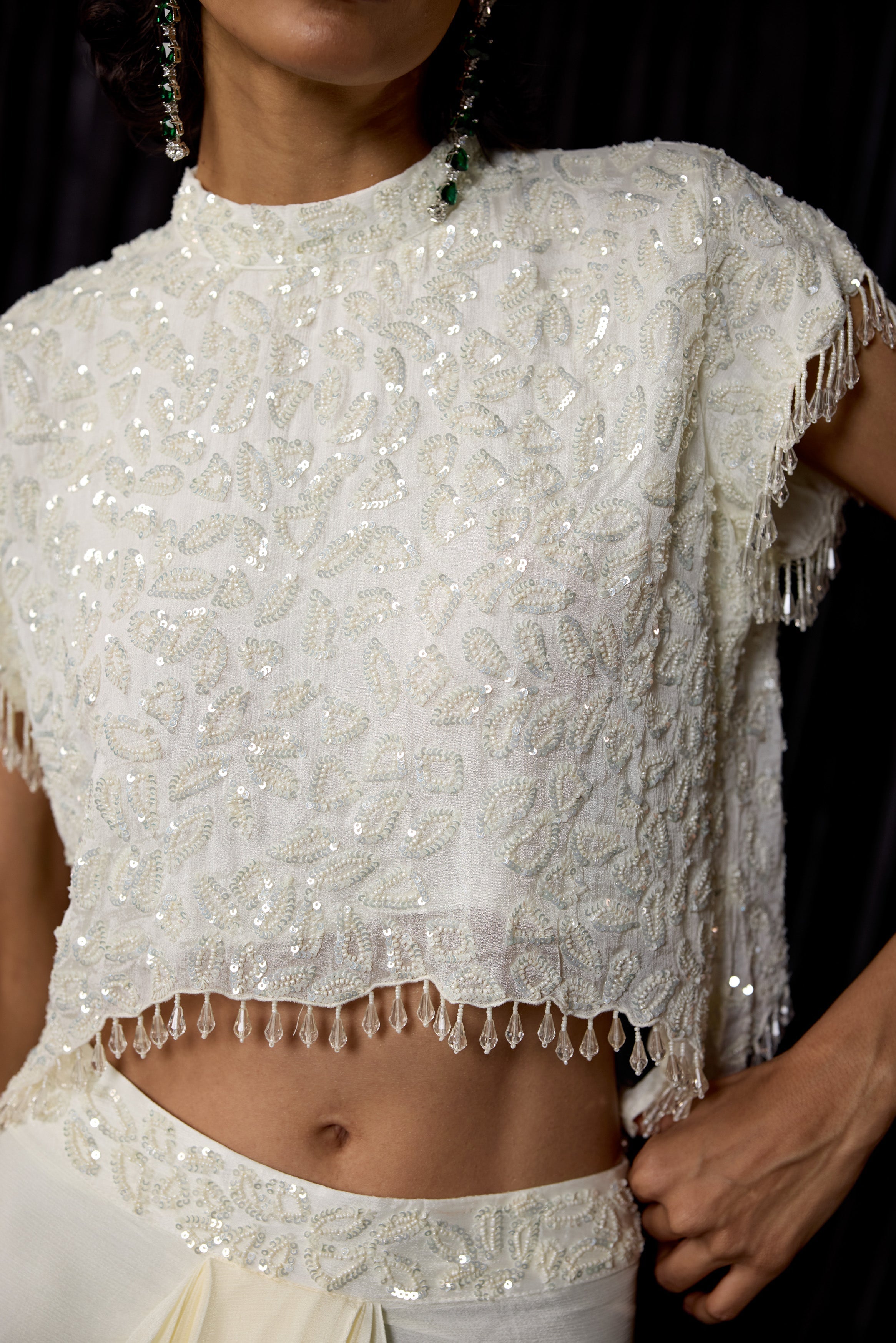 Cream White Embellished Chinon Silk Drape Skirt Set
