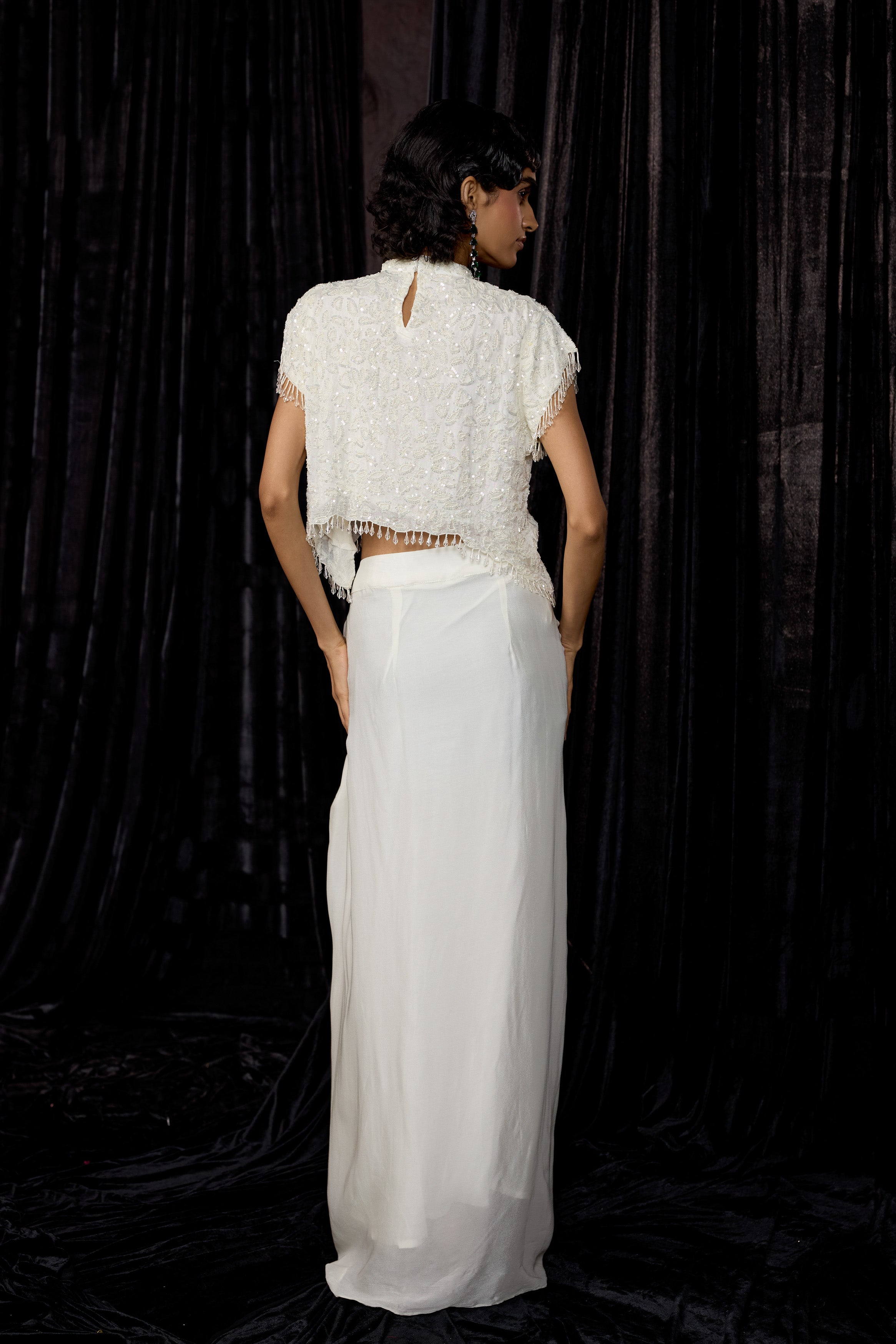 Cream White Embellished Chinon Silk Drape Skirt Set