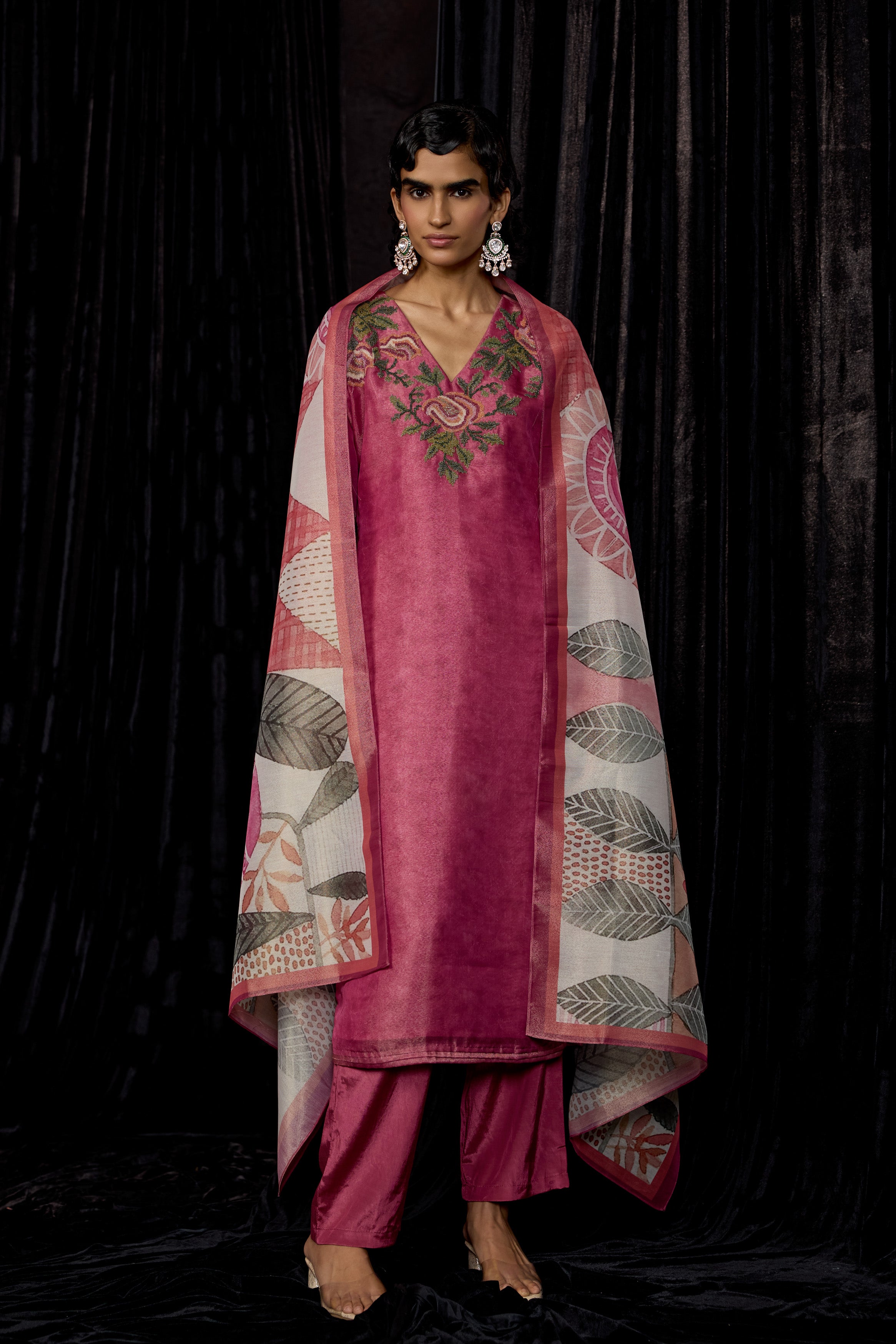Pink Printed Shimmer Tissue Silk Pant Set