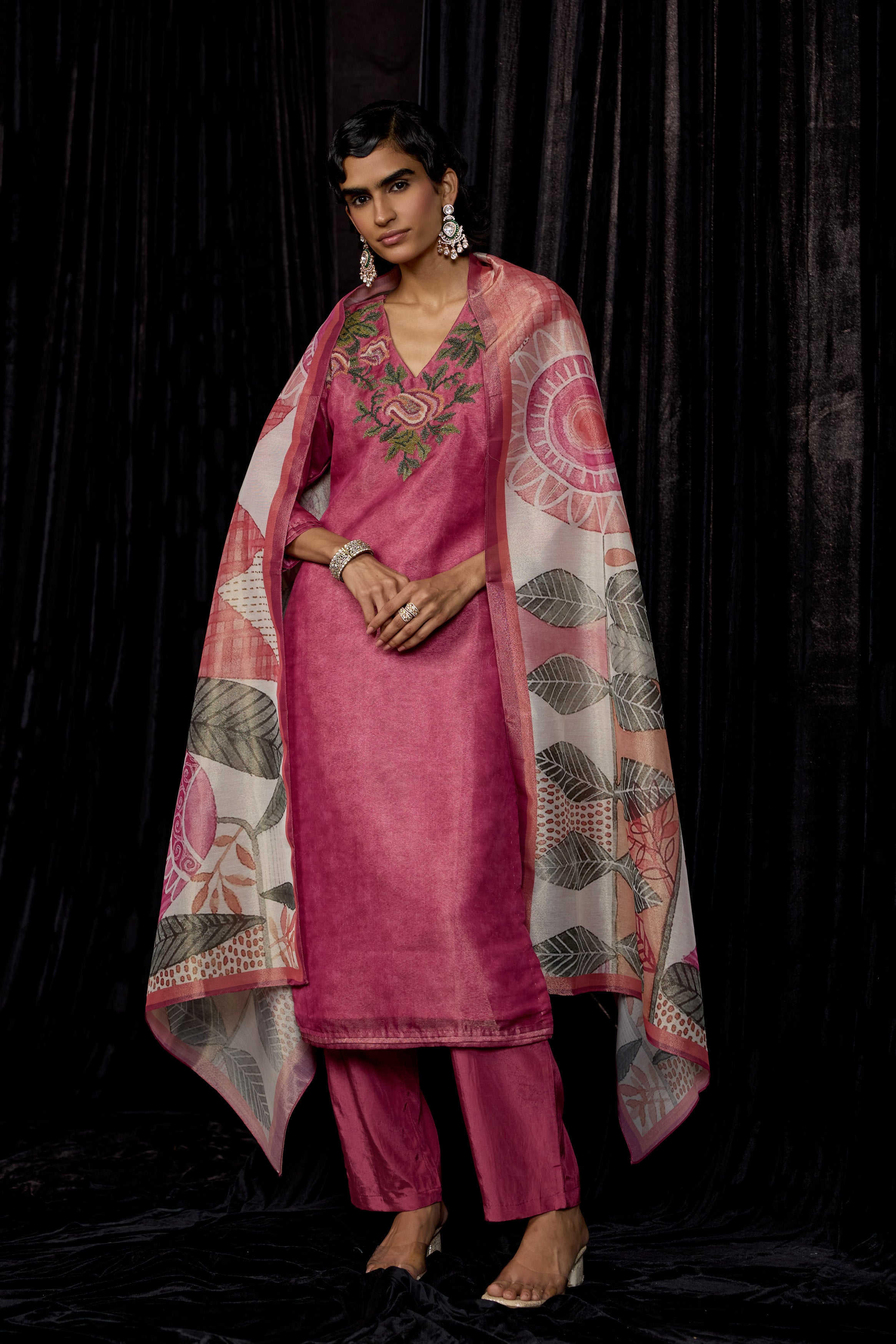 Pink Printed Shimmer Tissue Silk Pant Set