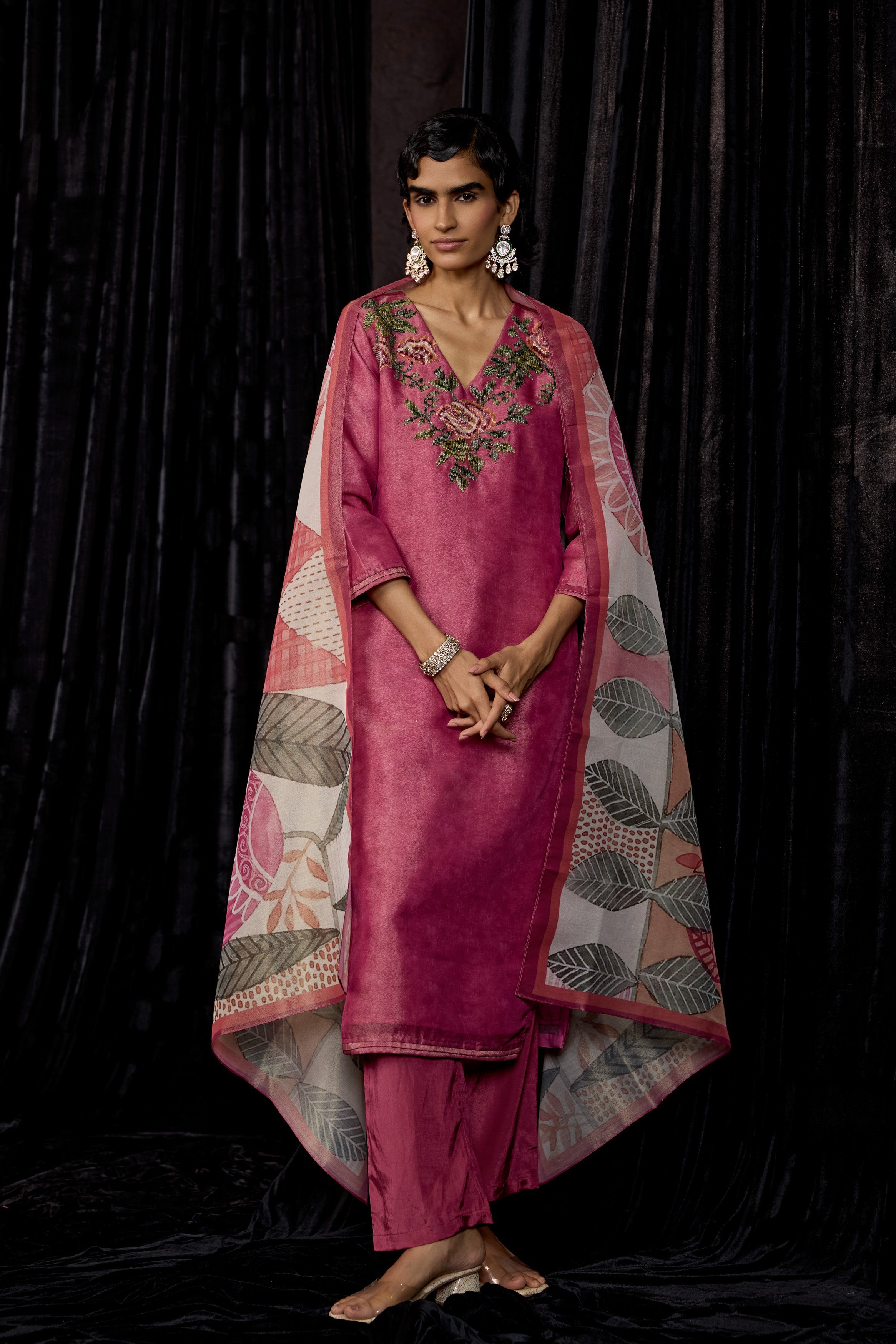 Pink Printed Shimmer Tissue Silk Pant Set