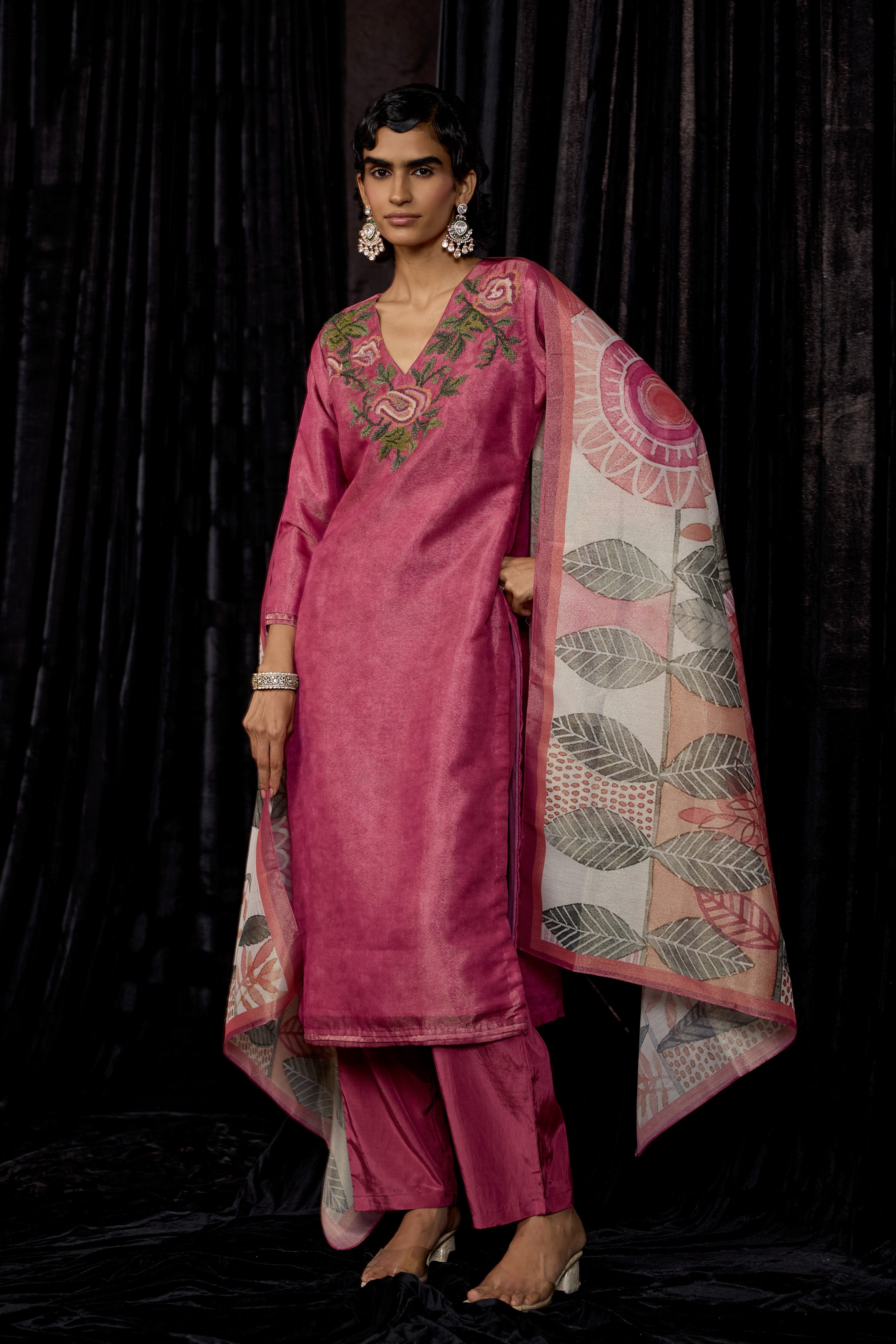 Pink Printed Shimmer Tissue Silk Pant Set