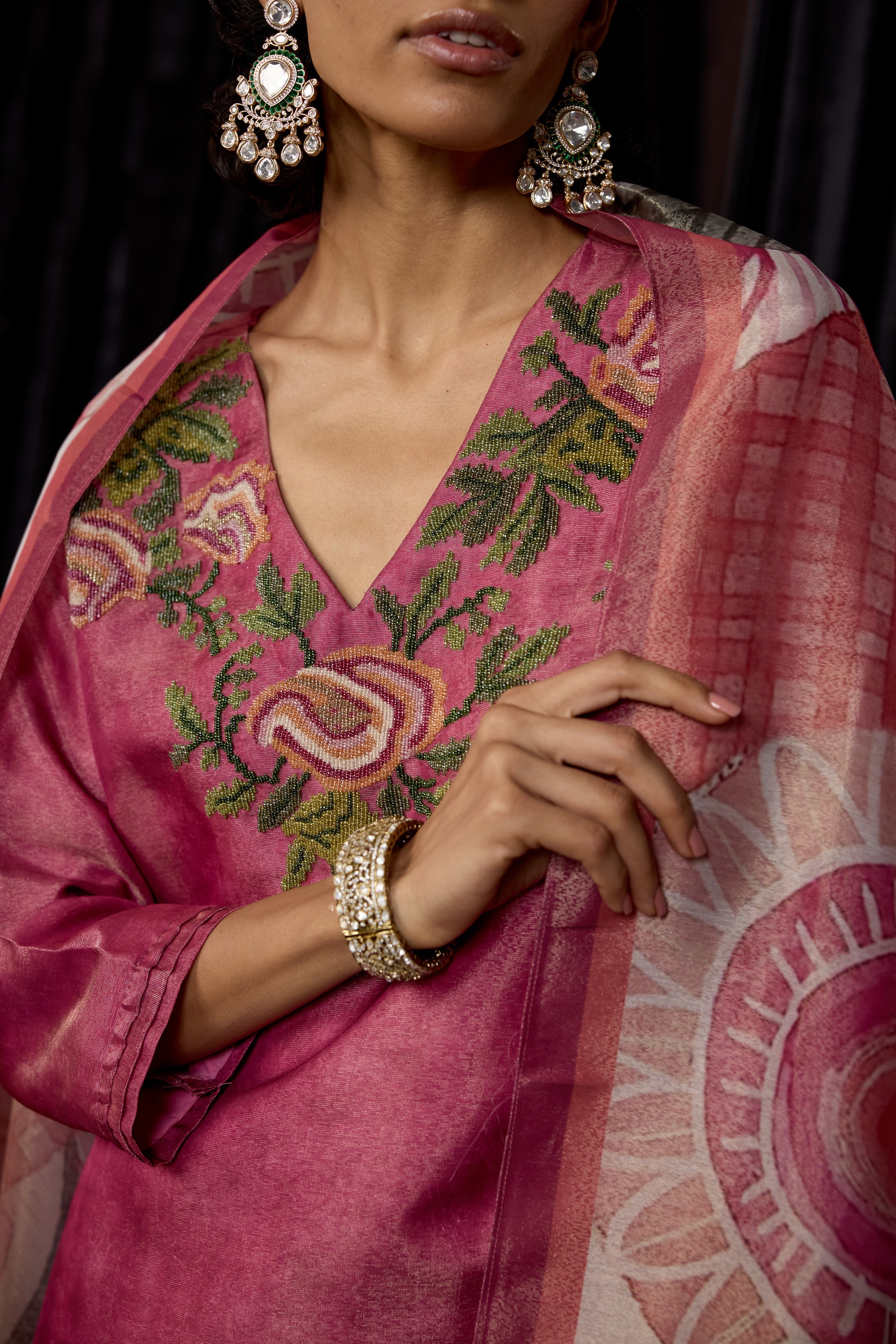 Pink Printed Shimmer Tissue Silk Pant Set