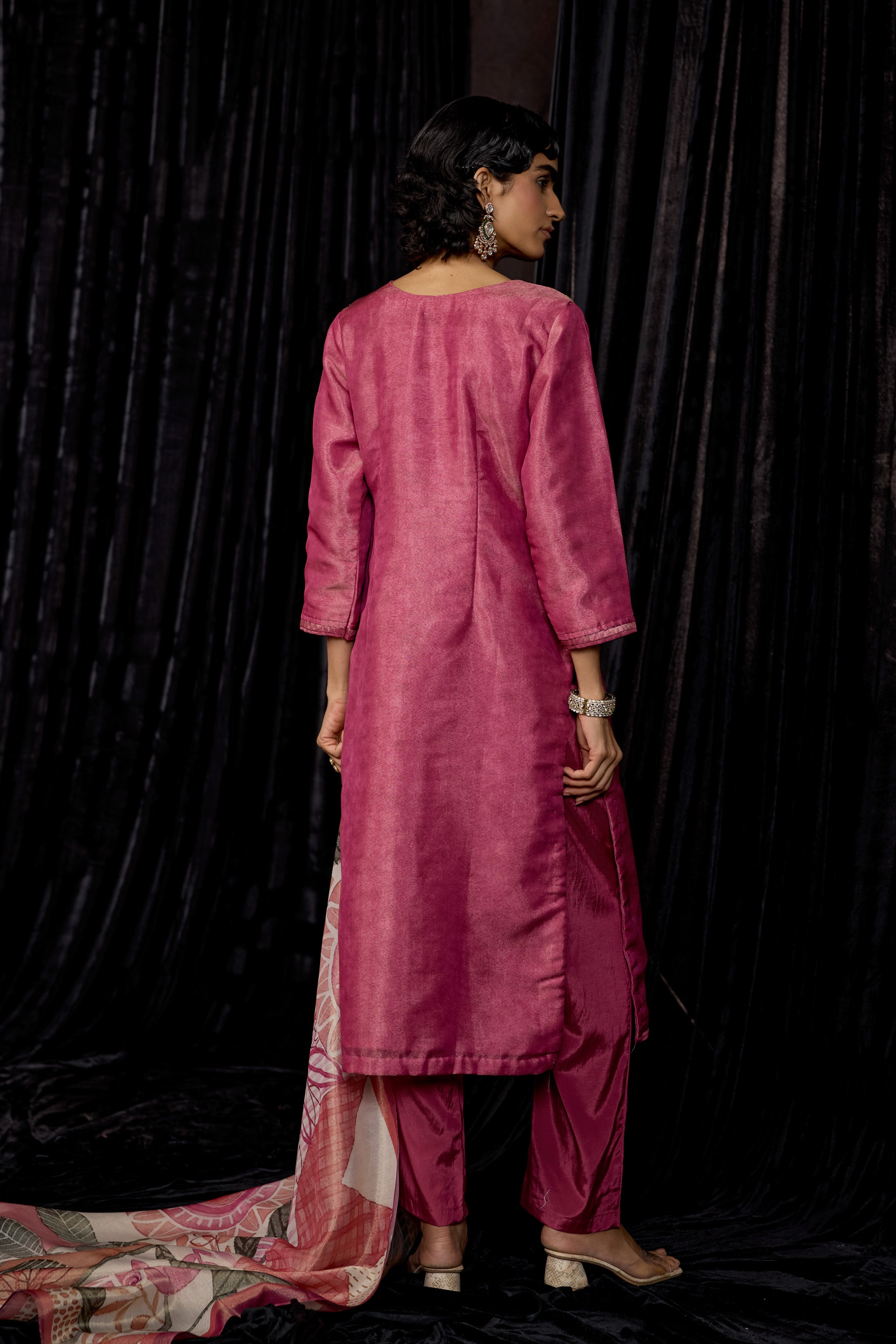 Pink Printed Shimmer Tissue Silk Pant Set