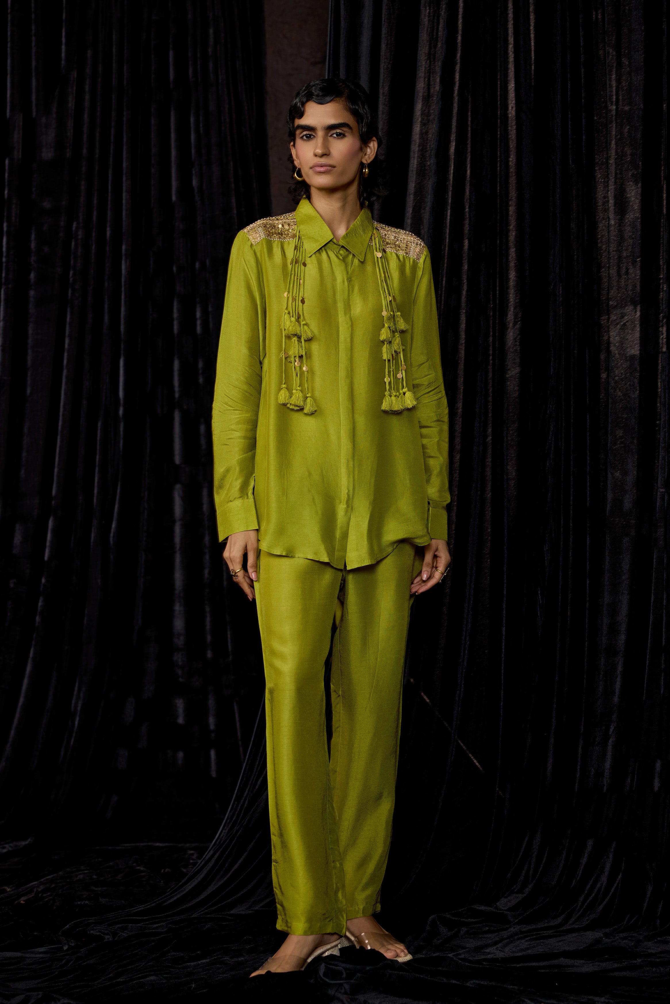 Lime Green Embellished Raw Silk Co-Ord Set