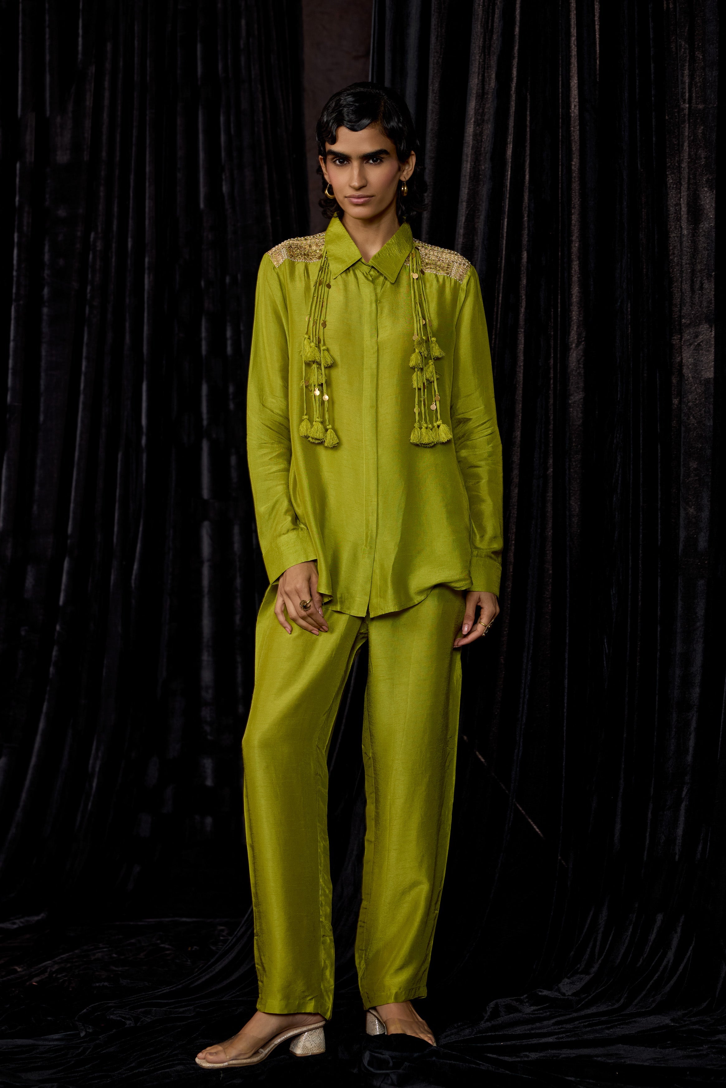 Lime Green Embellished Raw Silk Co-Ord Set
