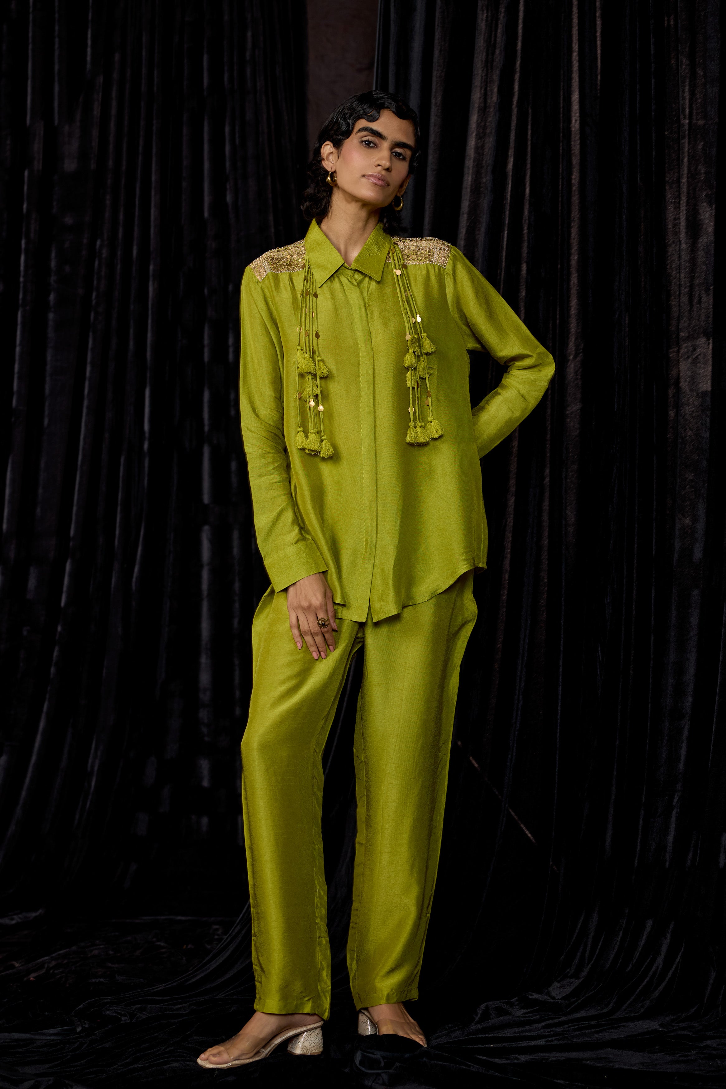 Lime Green Embellished Raw Silk Co-Ord Set