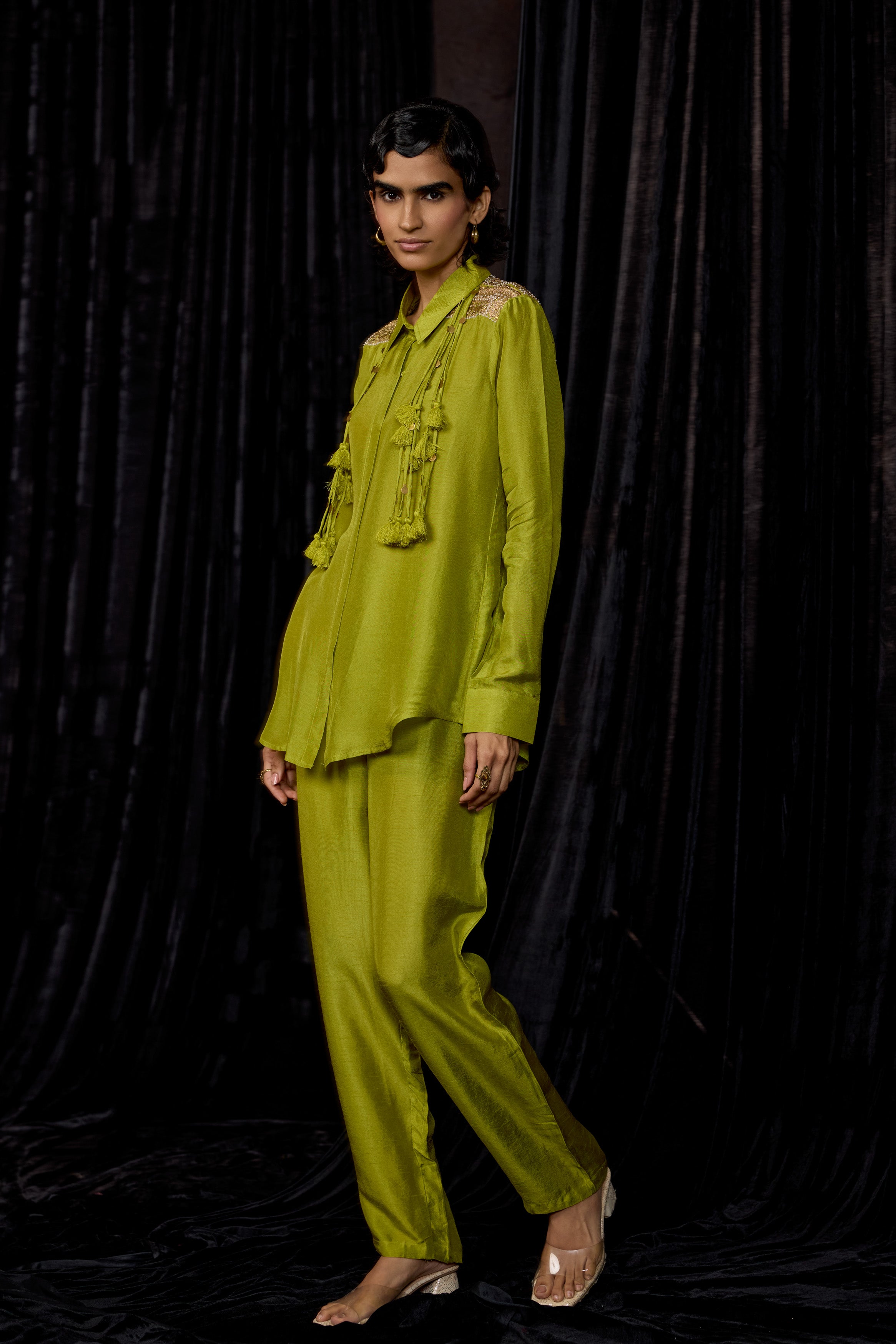 Lime Green Embellished Raw Silk Co-Ord Set