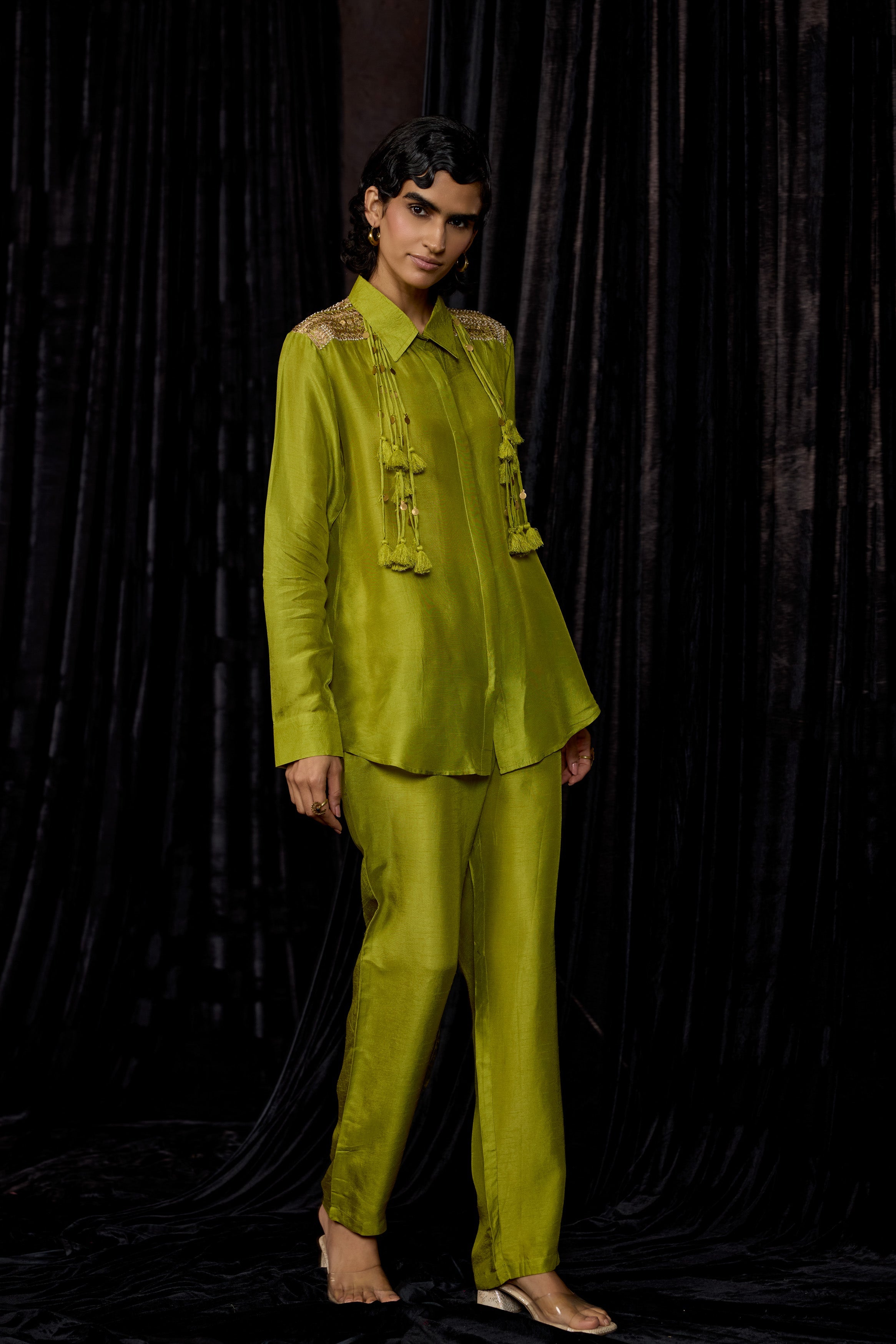 Lime Green Embellished Raw Silk Co-Ord Set