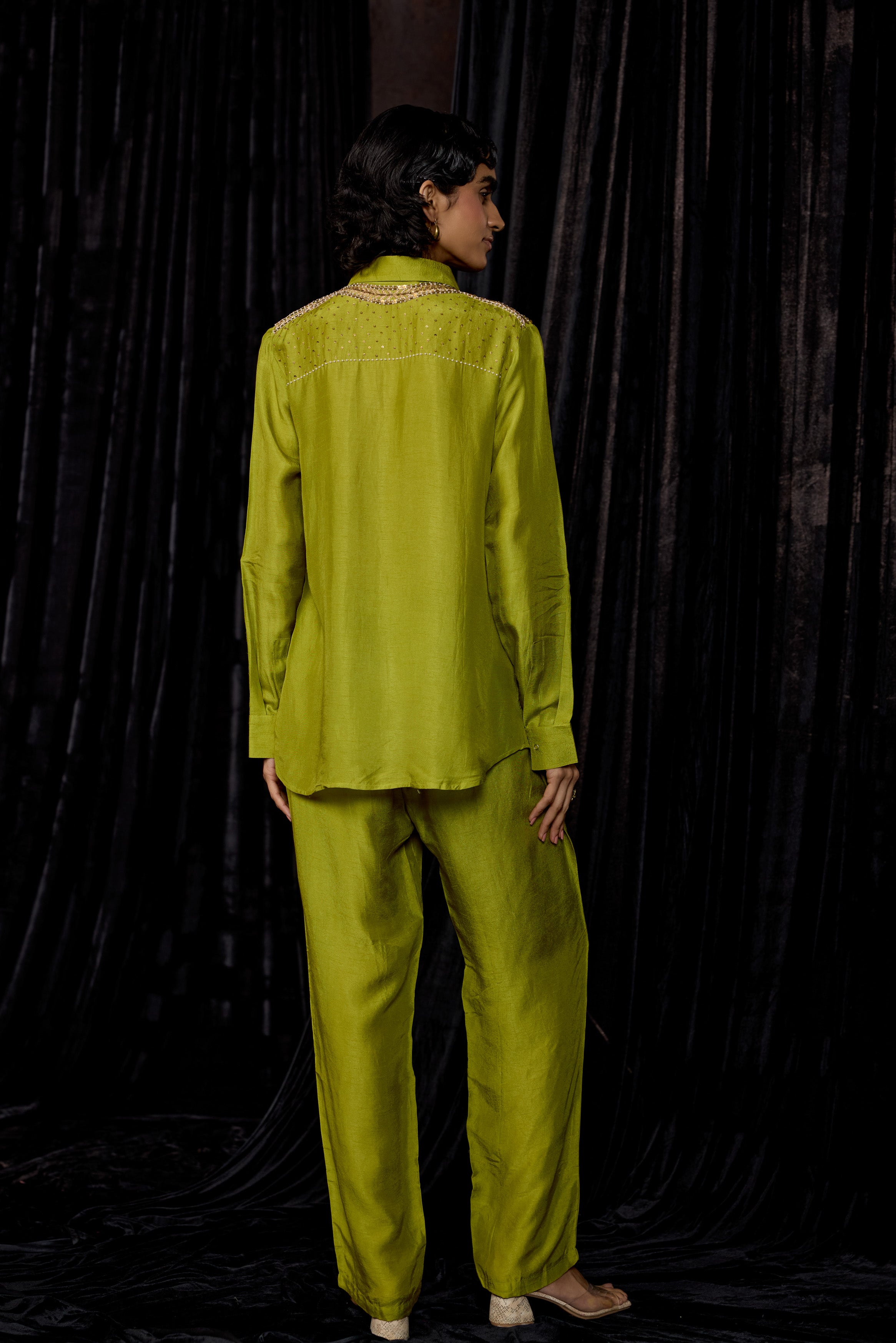 Lime Green Embellished Raw Silk Co-Ord Set