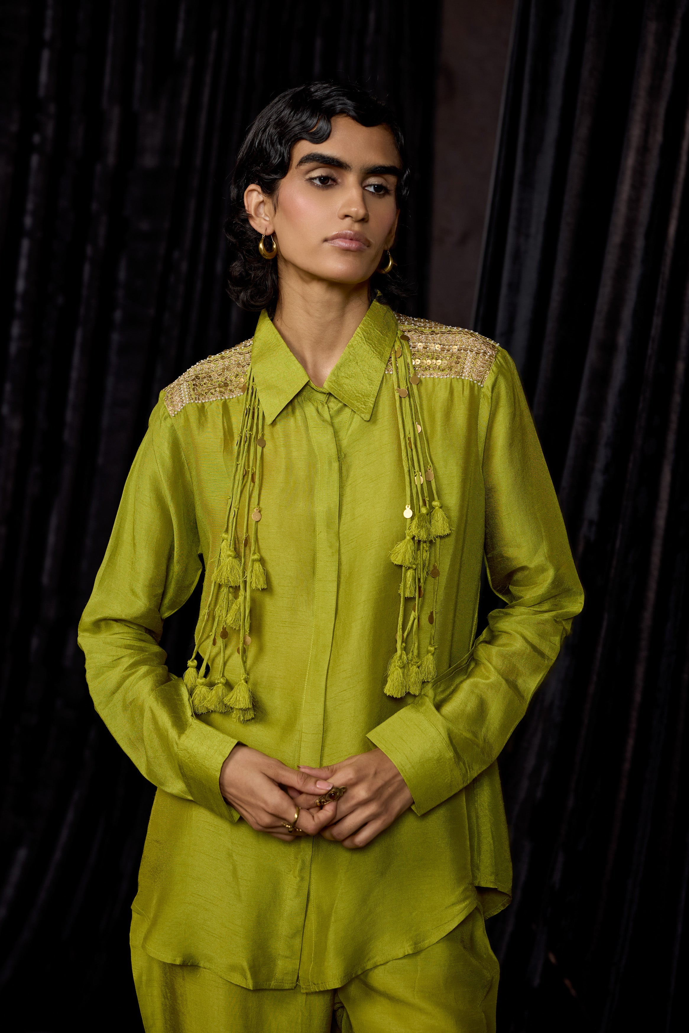 Lime Green Embellished Raw Silk Co-Ord Set