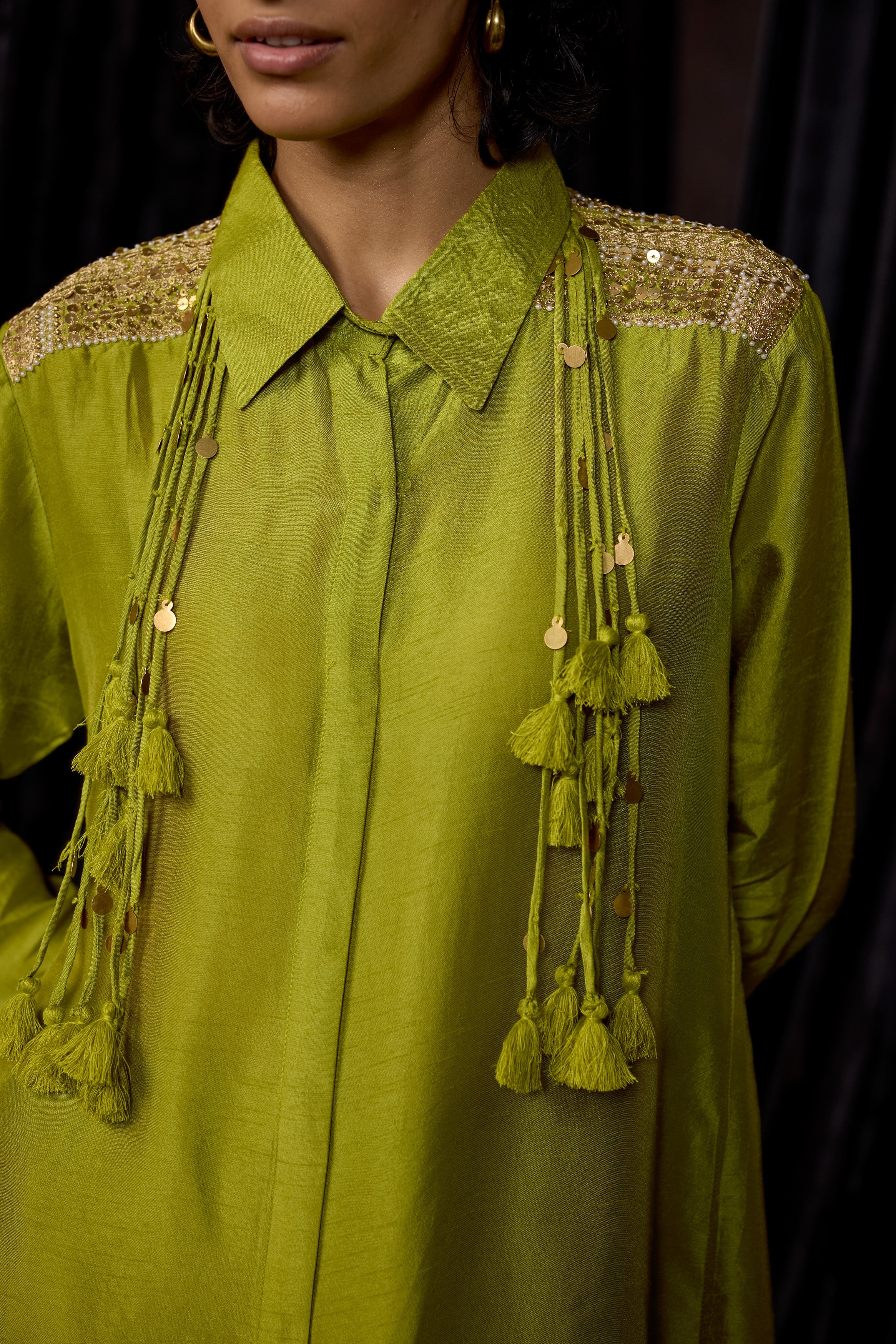 Lime Green Embellished Raw Silk Co-Ord Set