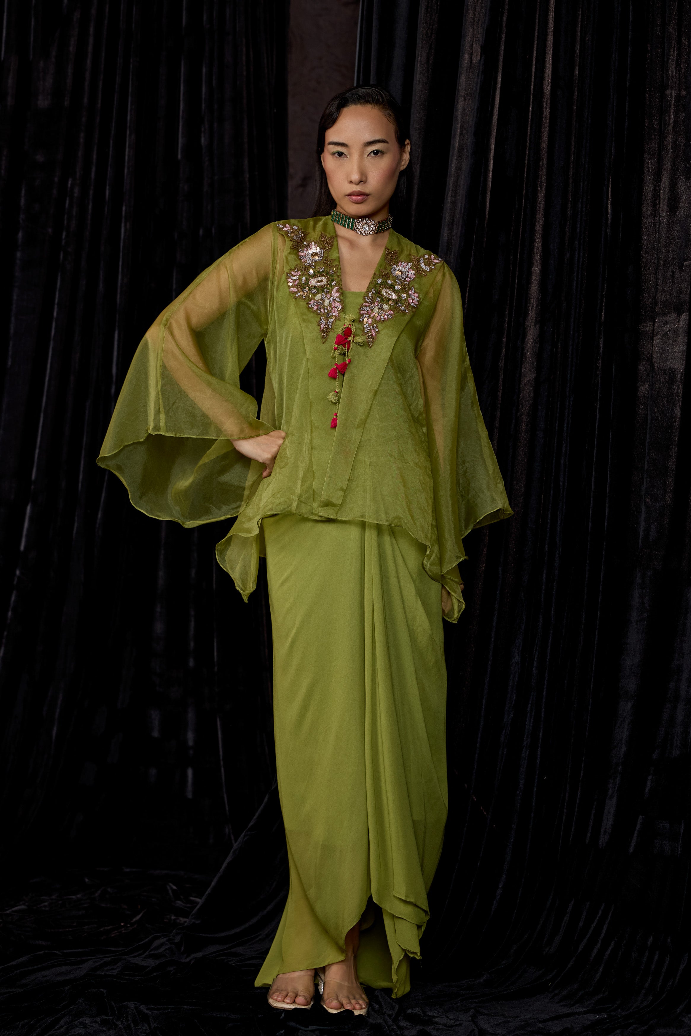 Pista Green Embellished Georgette Silk Skirt Set