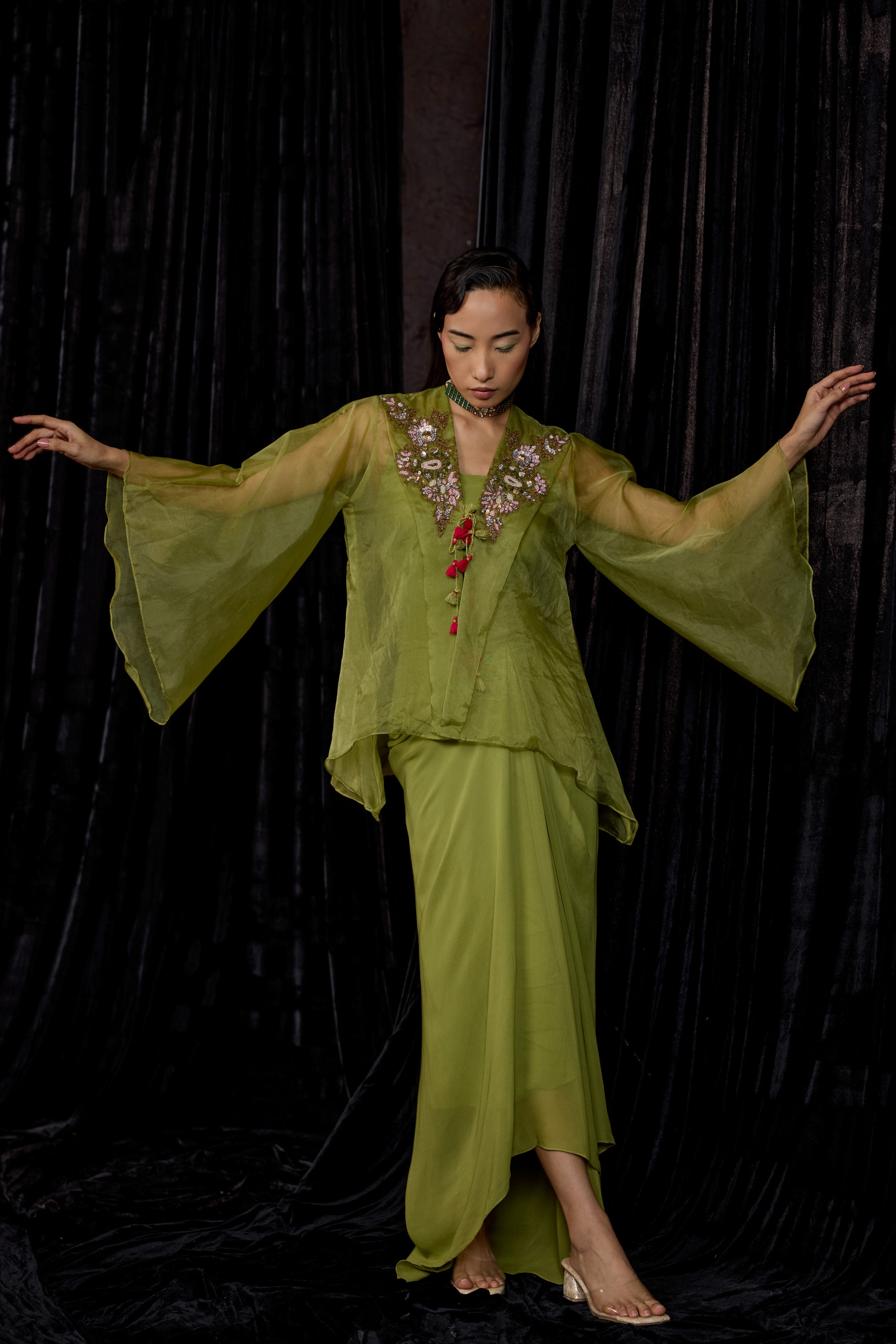 Pista Green Embellished Georgette Silk Skirt Set