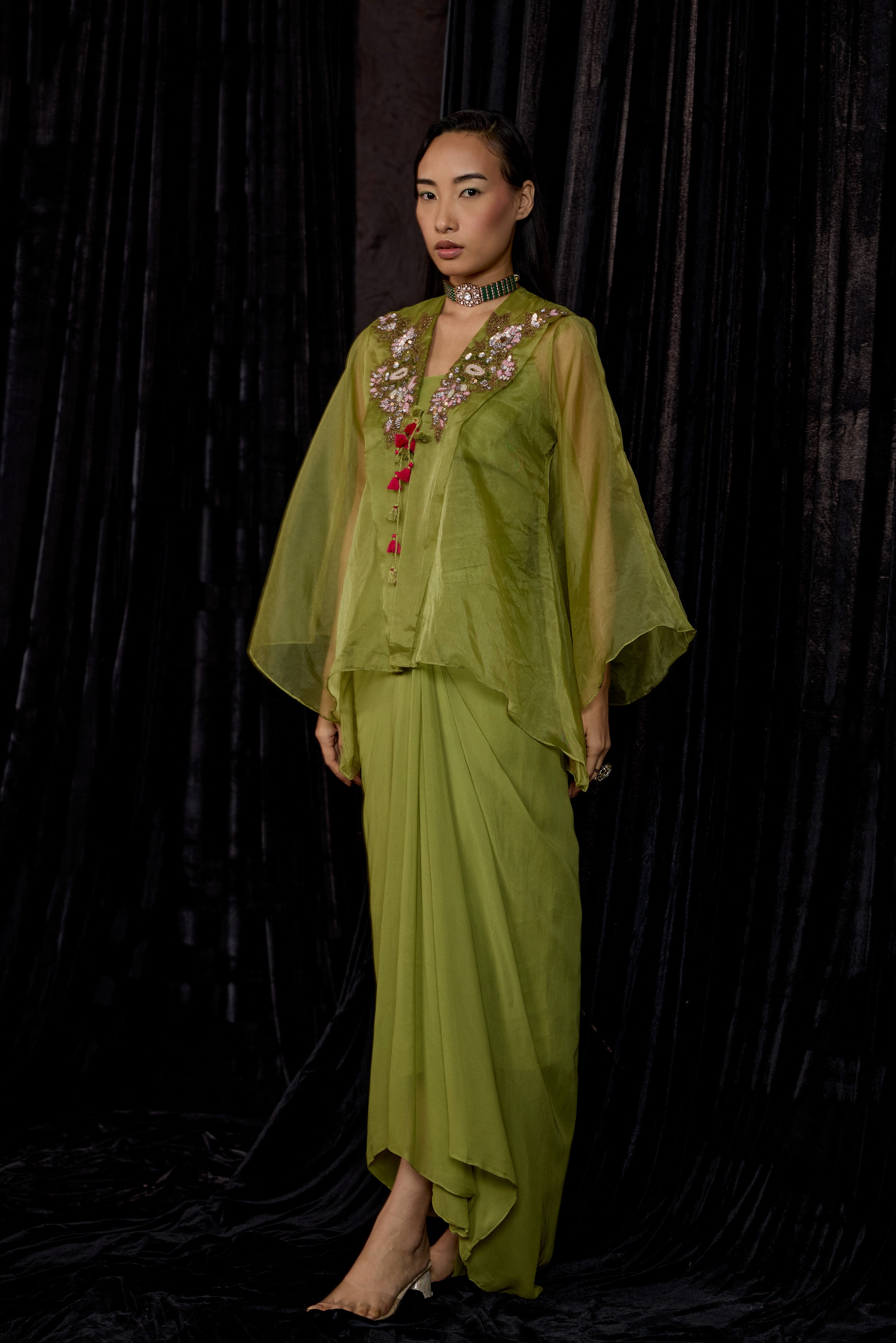 Pista Green Embellished Georgette Silk Skirt Set