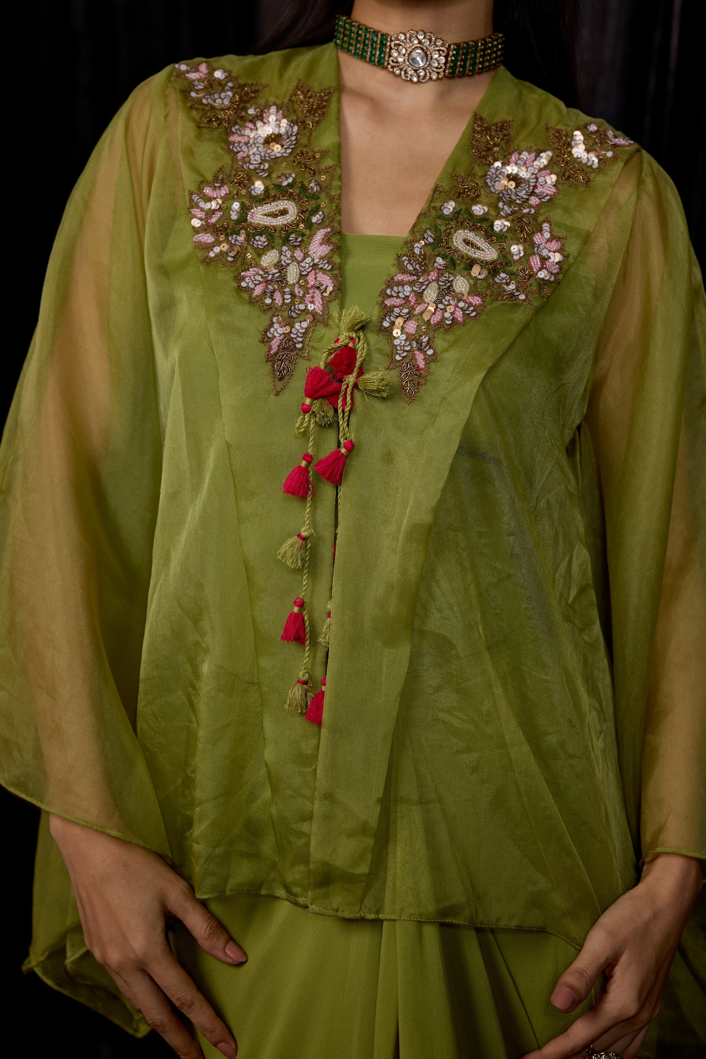 Pista Green Embellished Georgette Silk Skirt Set