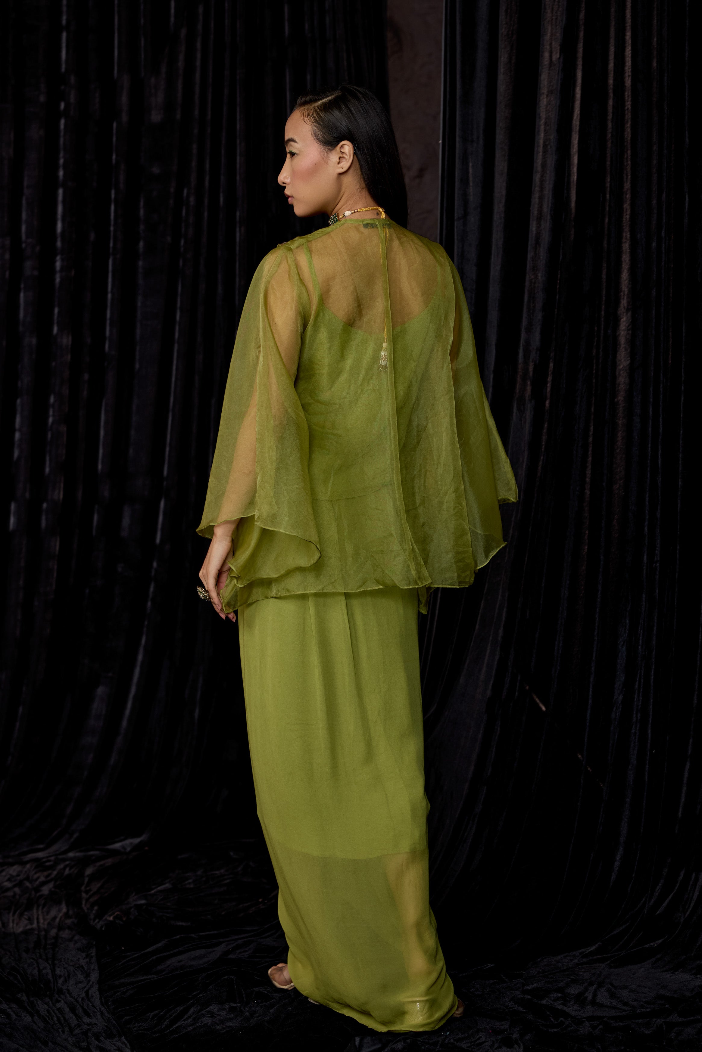 Pista Green Embellished Georgette Silk Skirt Set