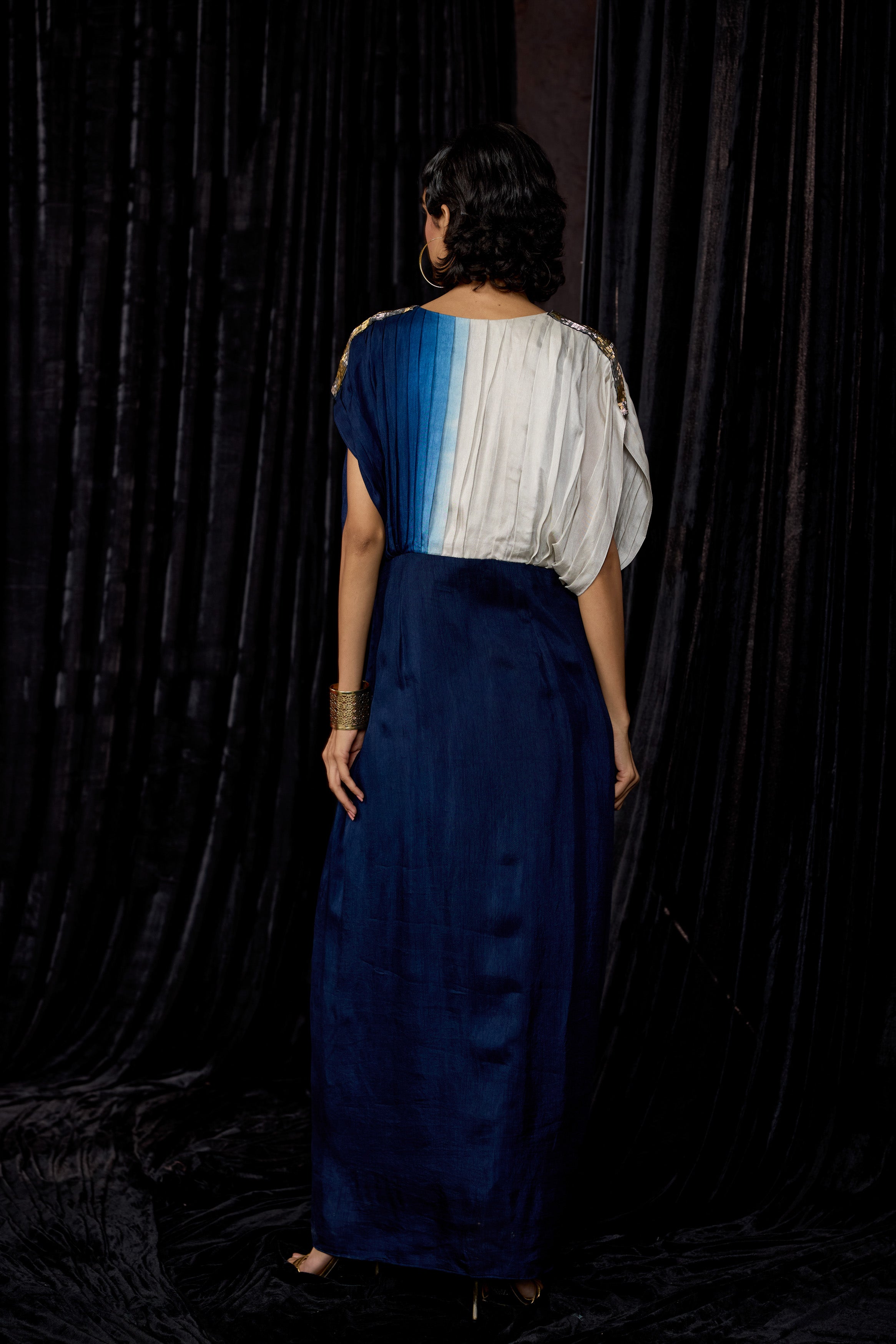 Navy Blue Embellished Raw Silk Dress