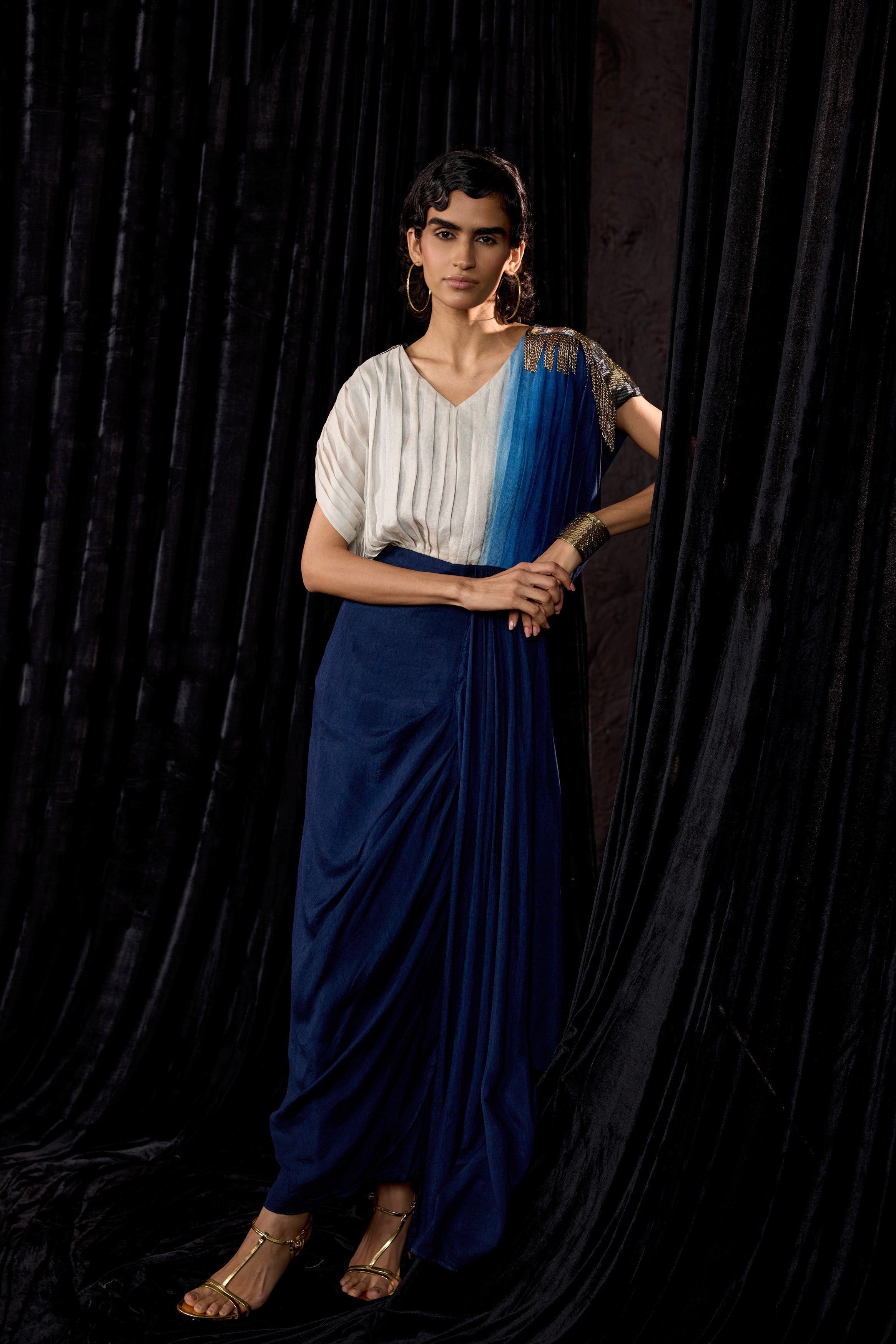 Navy Blue Embellished Raw Silk Dress