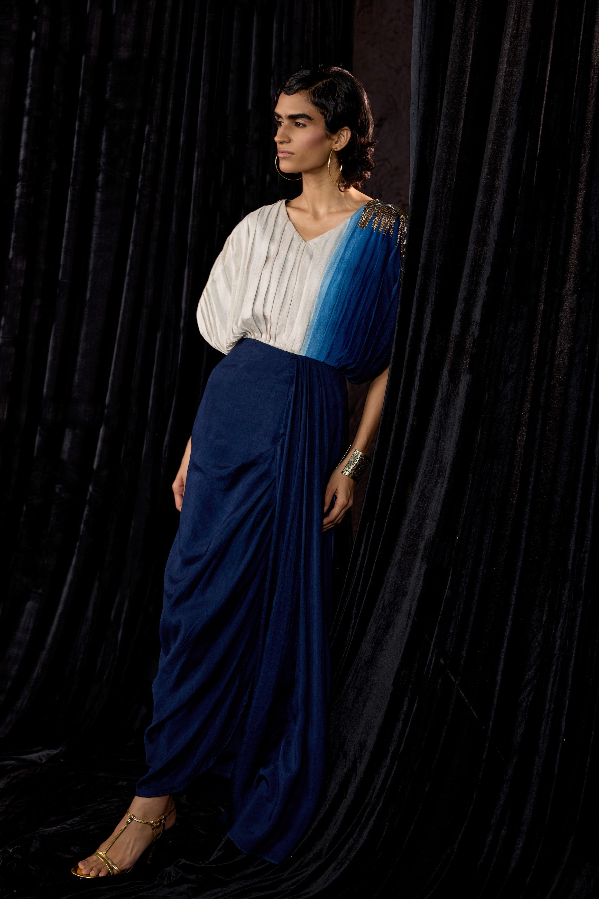 Navy Blue Embellished Raw Silk Dress