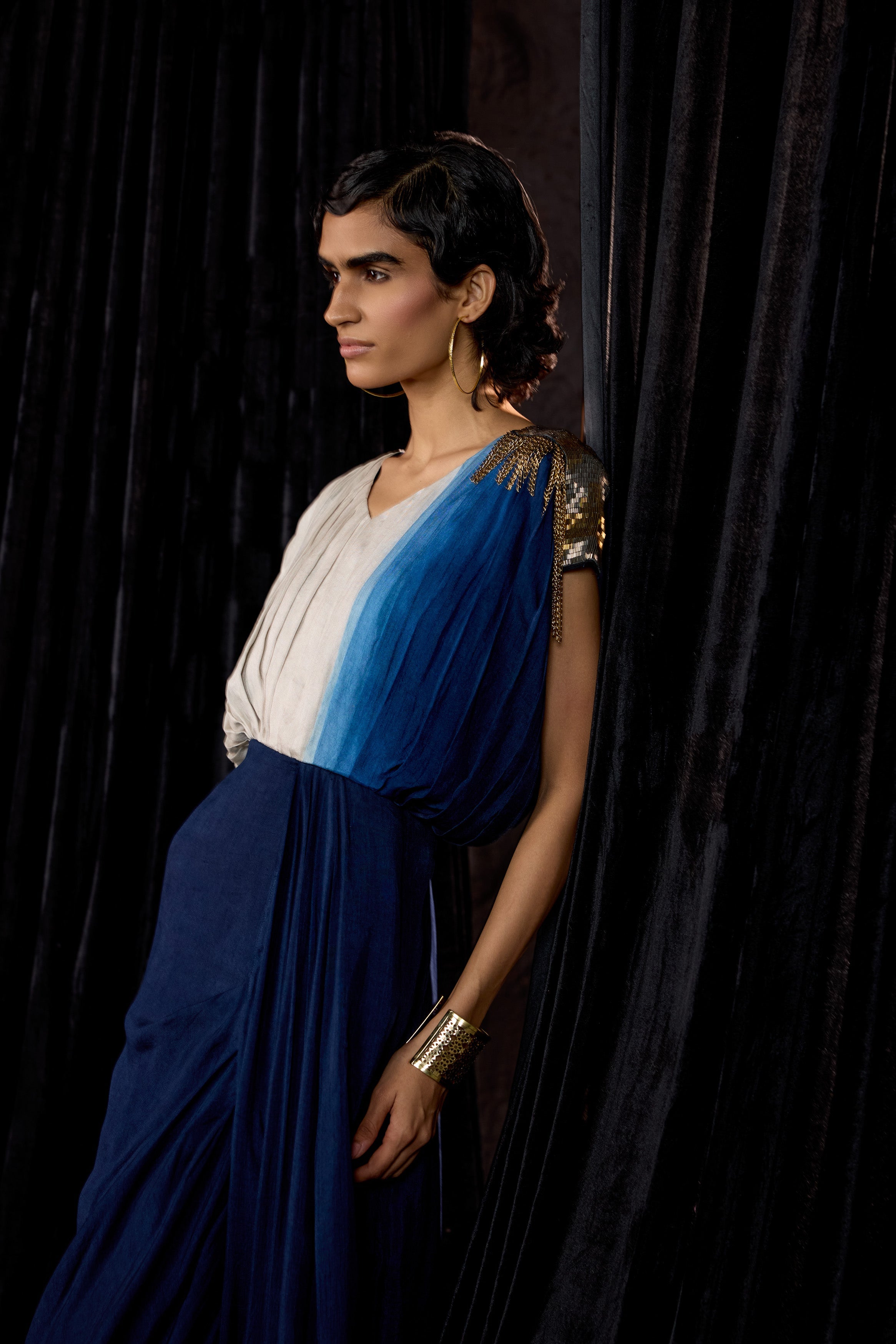 Navy Blue Embellished Raw Silk Dress