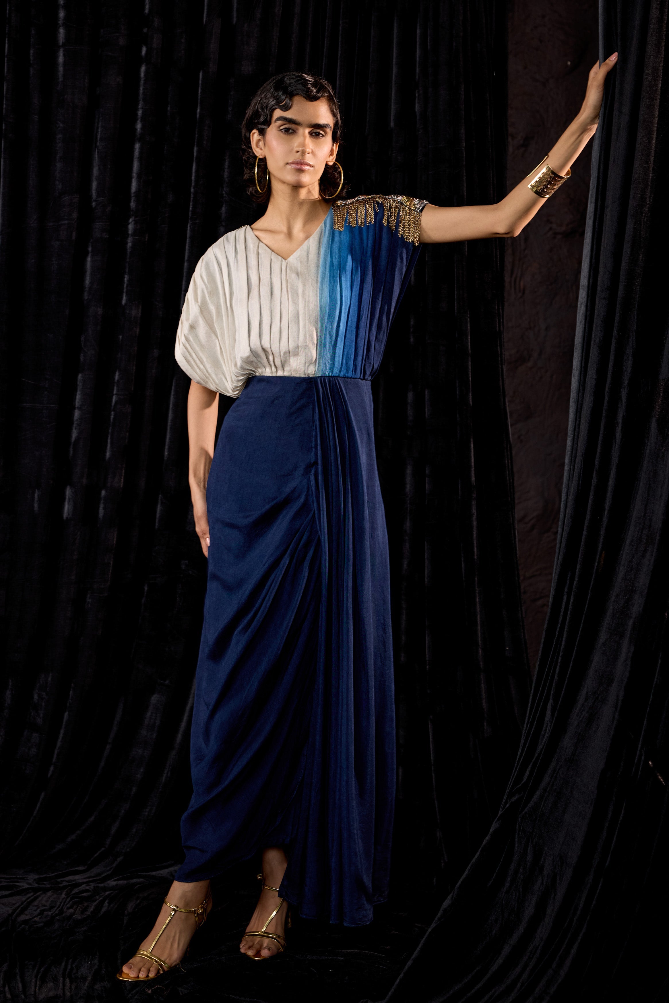 Navy Blue Embellished Raw Silk Dress