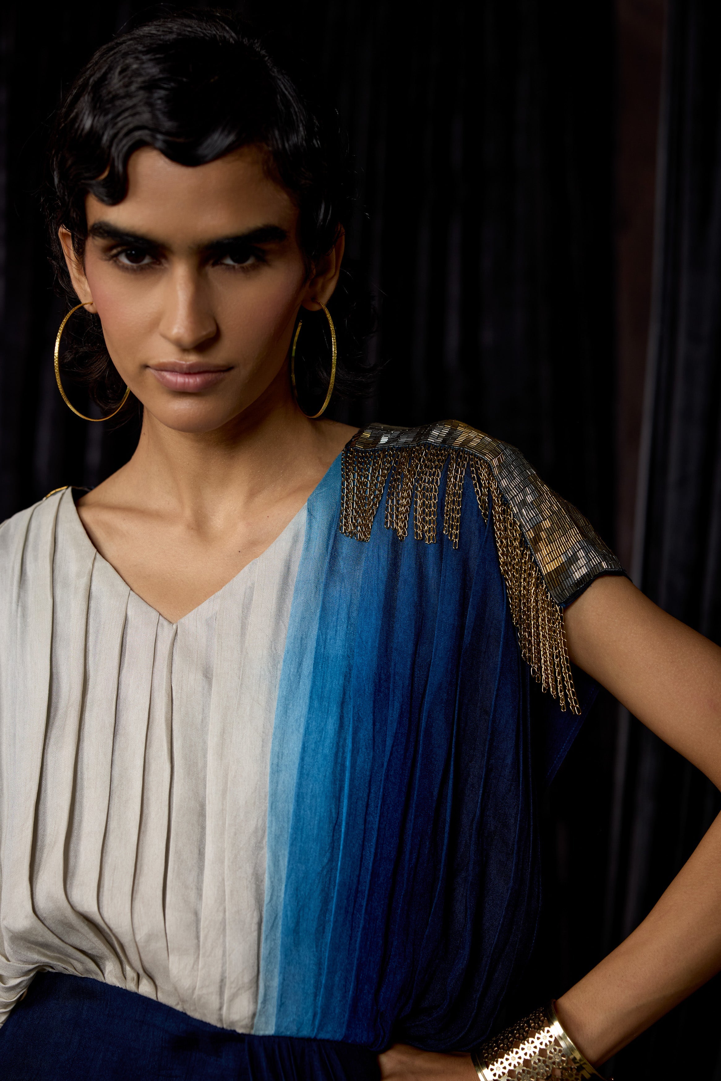 Navy Blue Embellished Raw Silk Dress