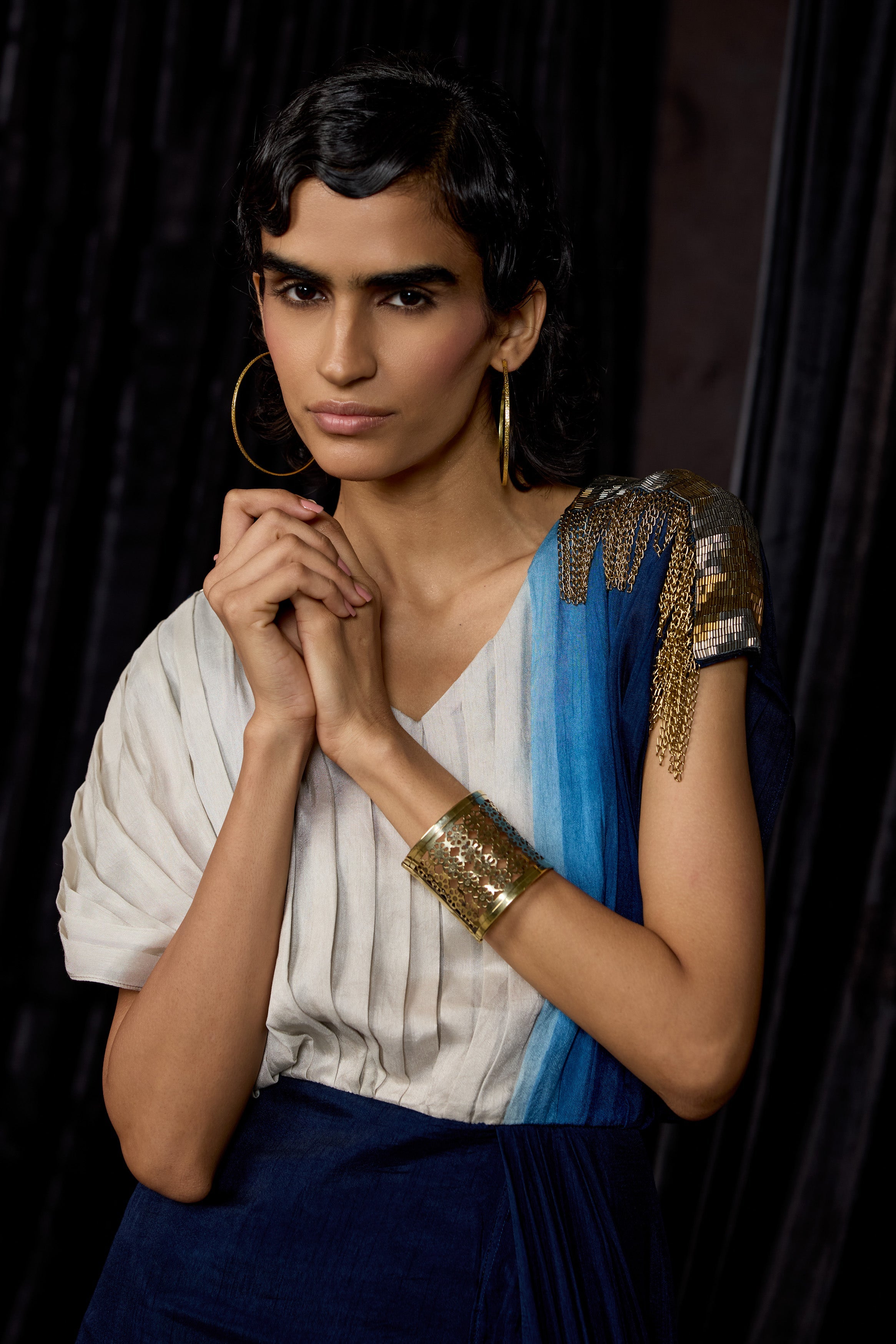 Navy Blue Embellished Raw Silk Dress