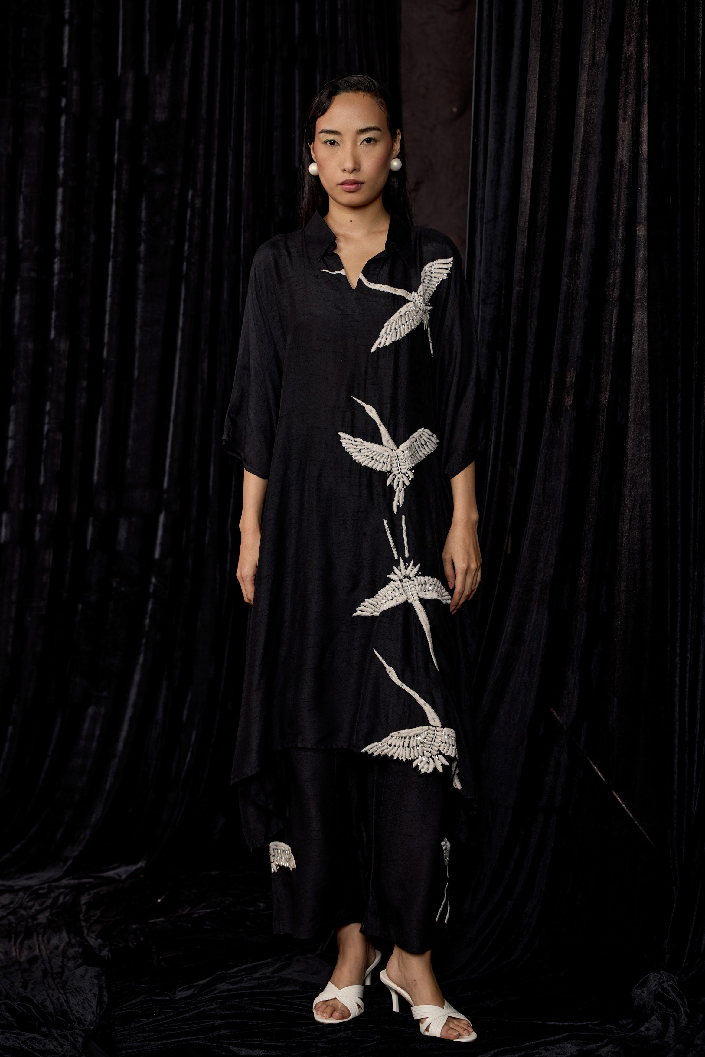 Classic Black Embroidered Raw Silk Kaftan Set